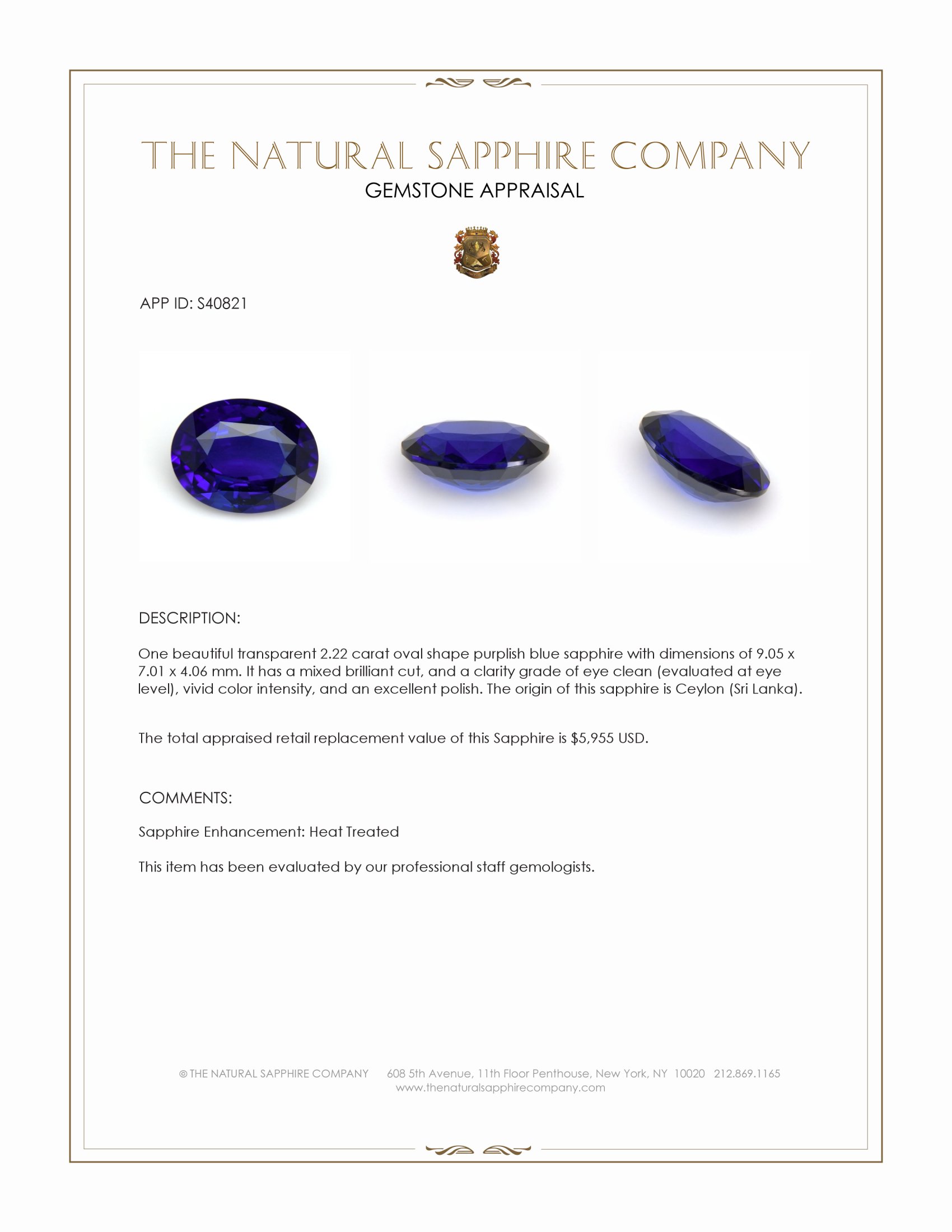 2.22 Ct. Purplish Blue Sapphire from Ceylon (Sri Lanka)