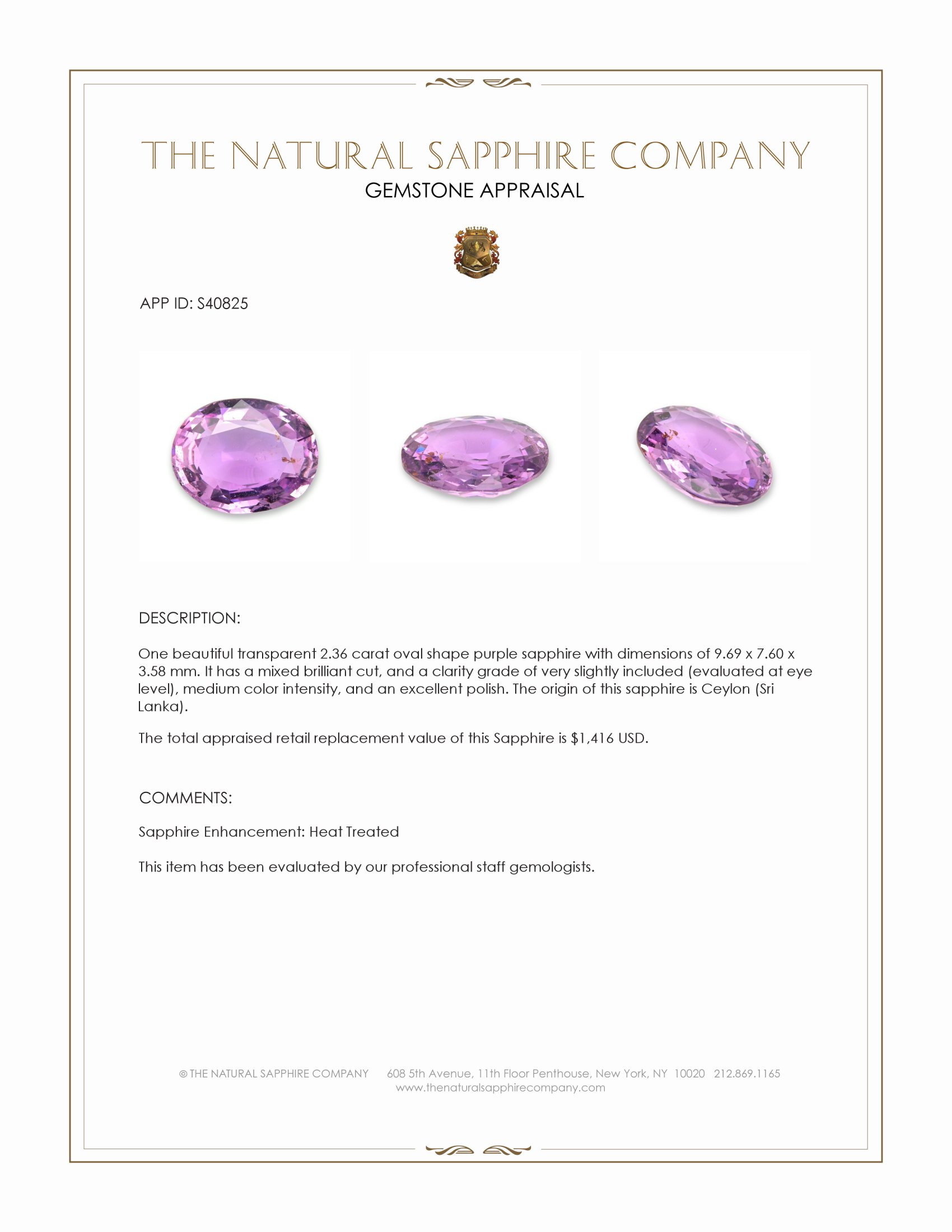 2.36 Ct. Purple Sapphire from Ceylon (Sri Lanka)