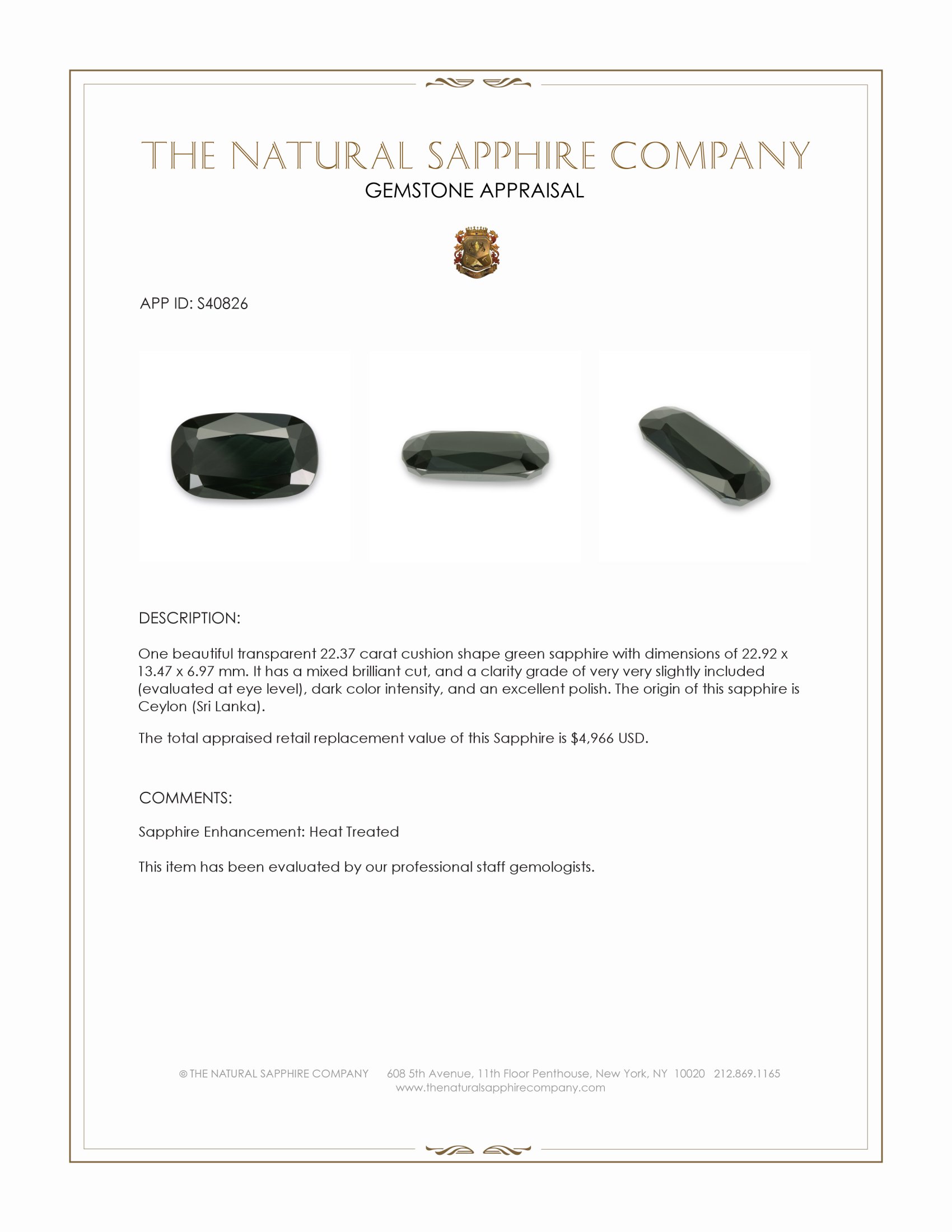 22.37 Ct. Green Sapphire from Ceylon (Sri Lanka)