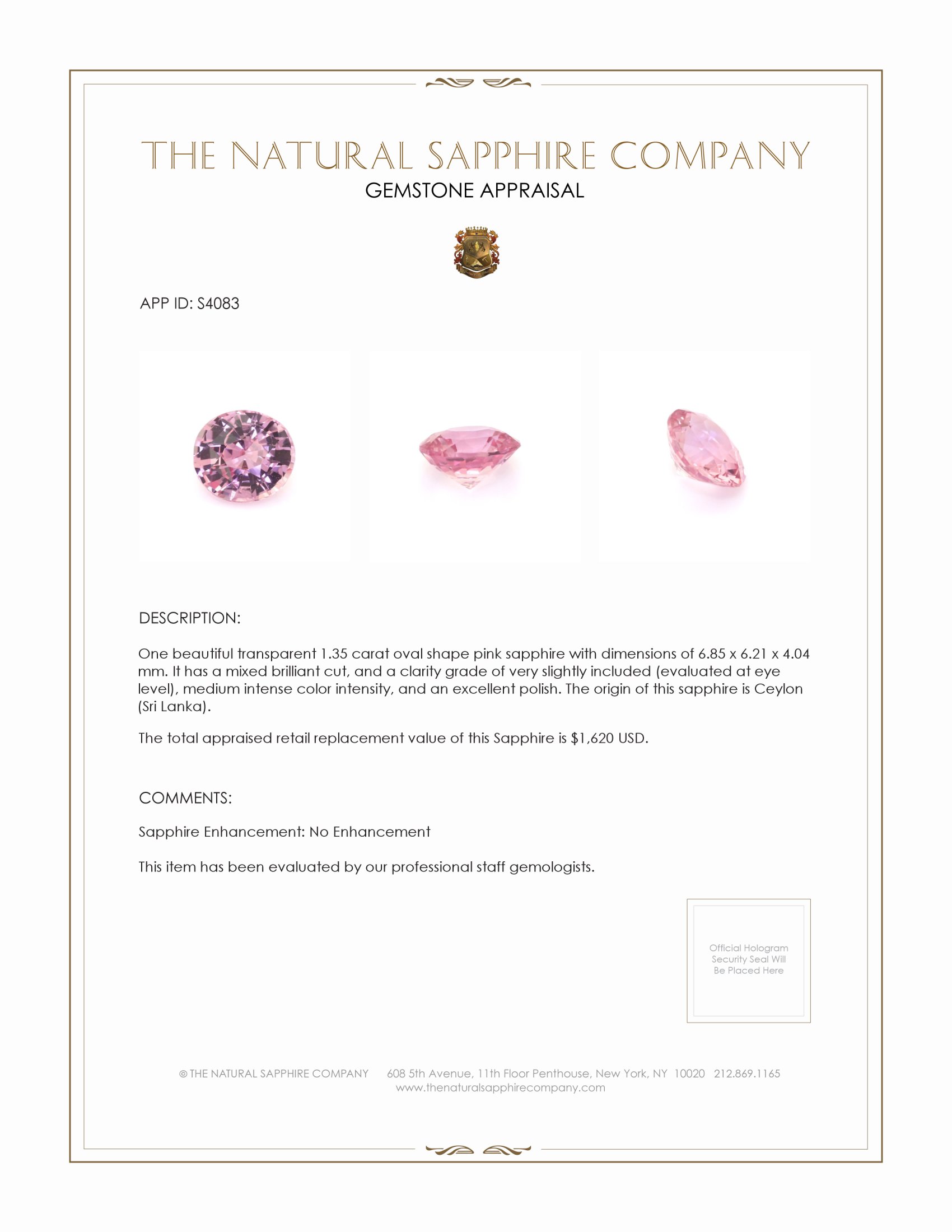 1.35 Ct. Pink Sapphire from Ceylon (Sri Lanka)