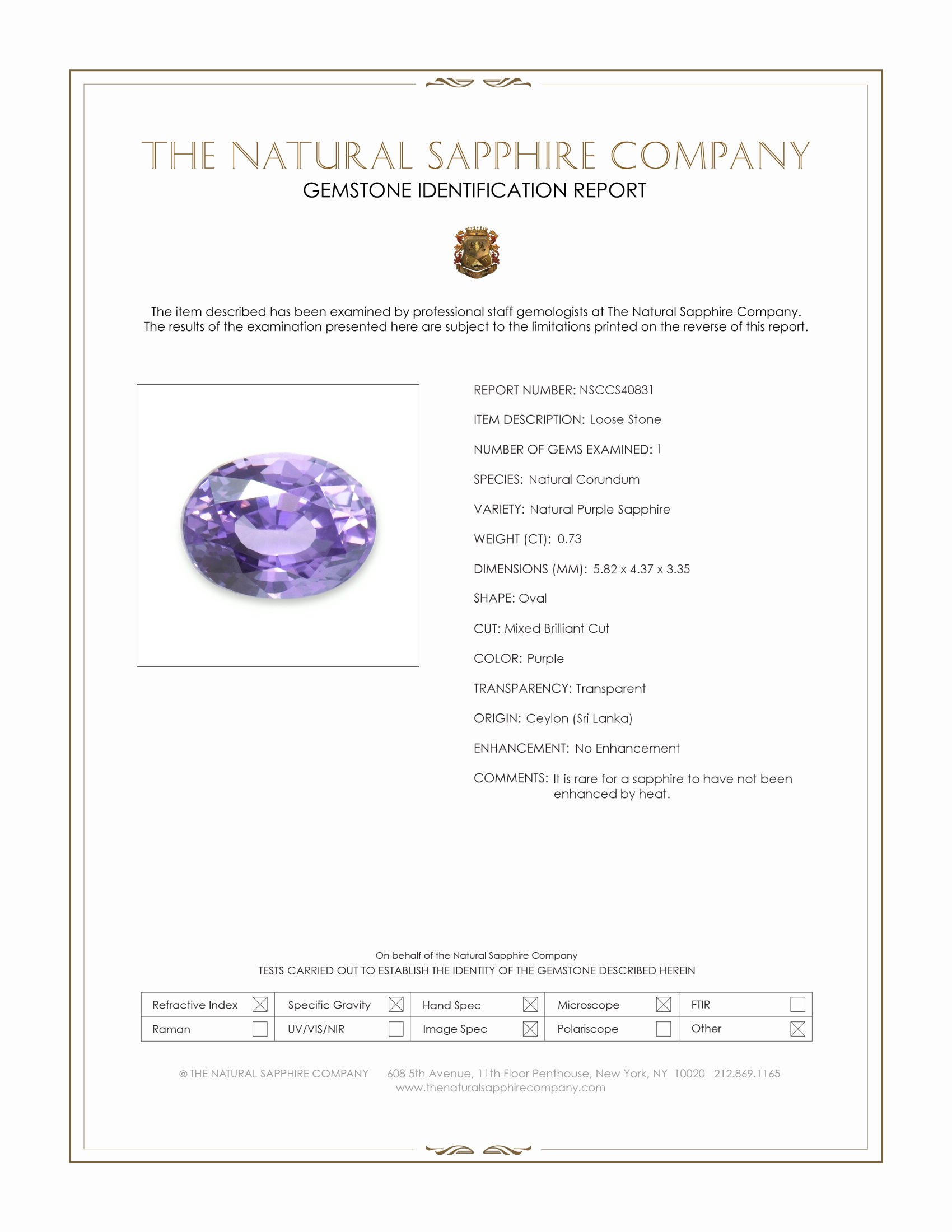 0.73 Ct. Purple Sapphire from Ceylon (Sri Lanka)