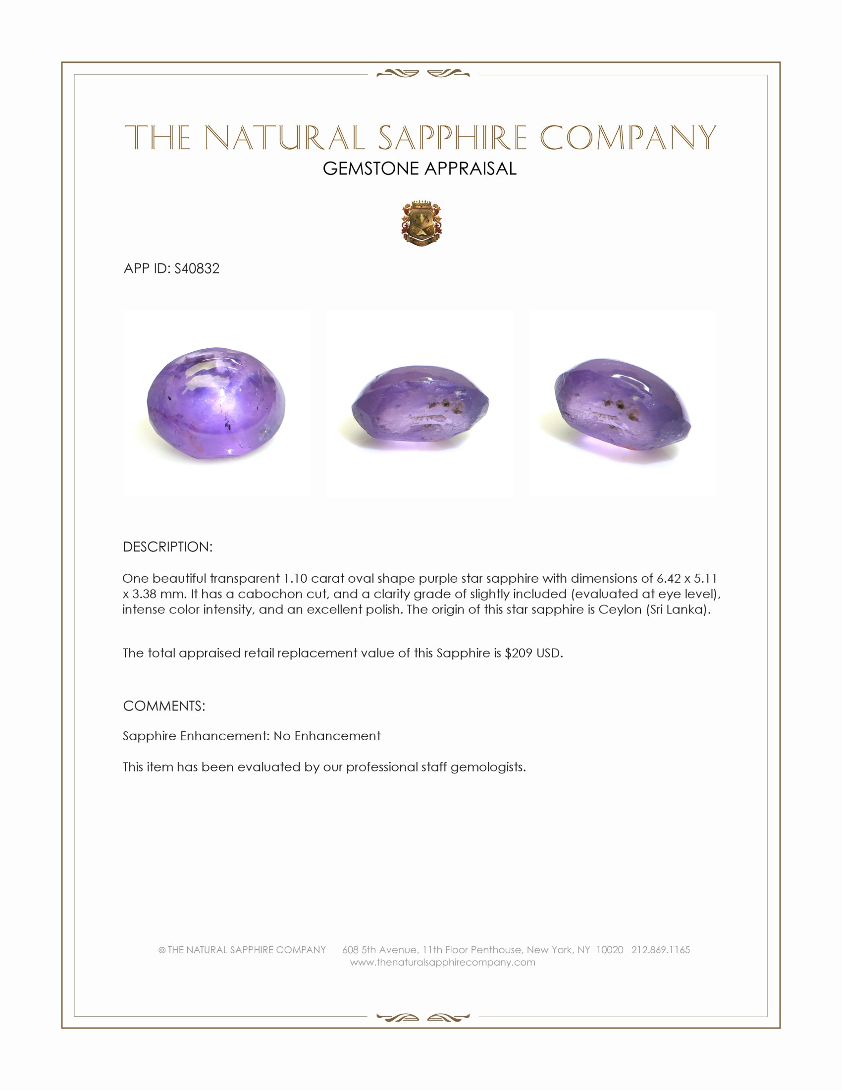 1.10 Ct. Purple Star Sapphire from Ceylon (Sri Lanka)