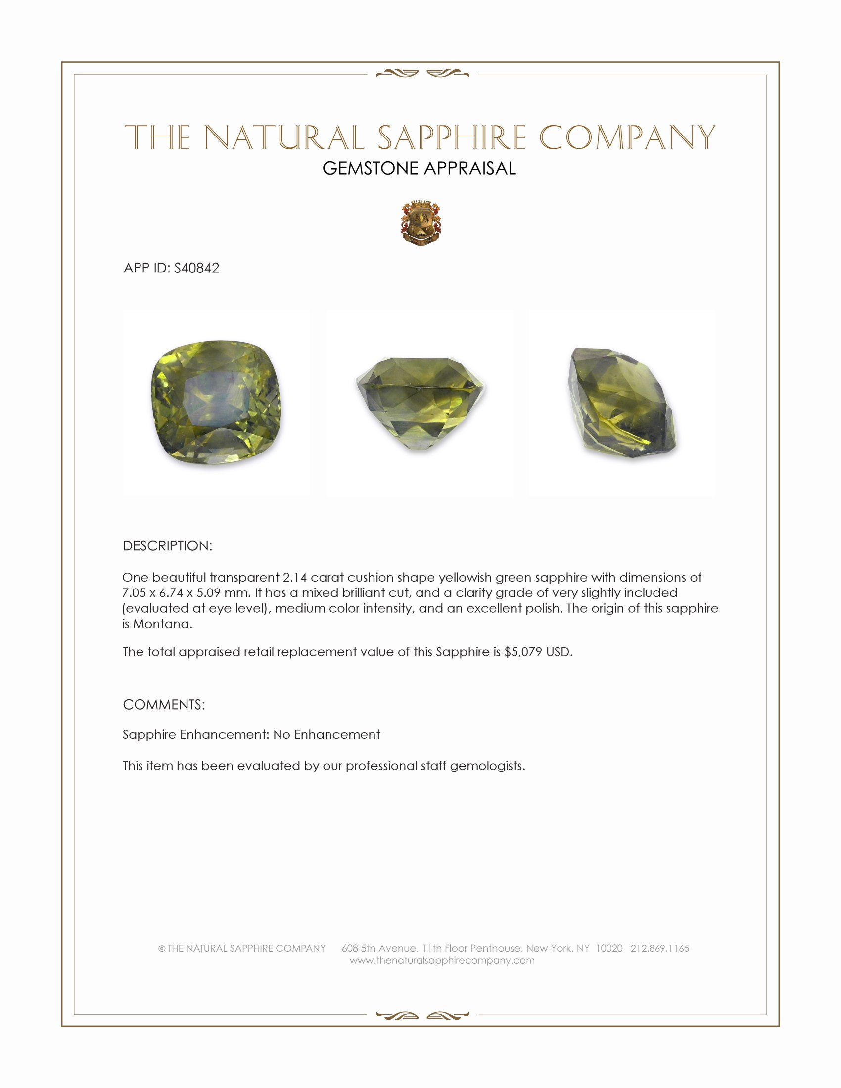 2.14 Ct. Yellowish Green Sapphire from Montana