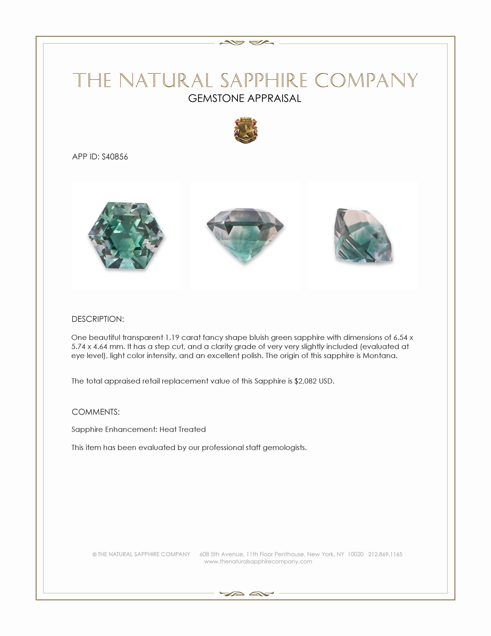 1.19 Ct. Bluish Green Sapphire from Montana