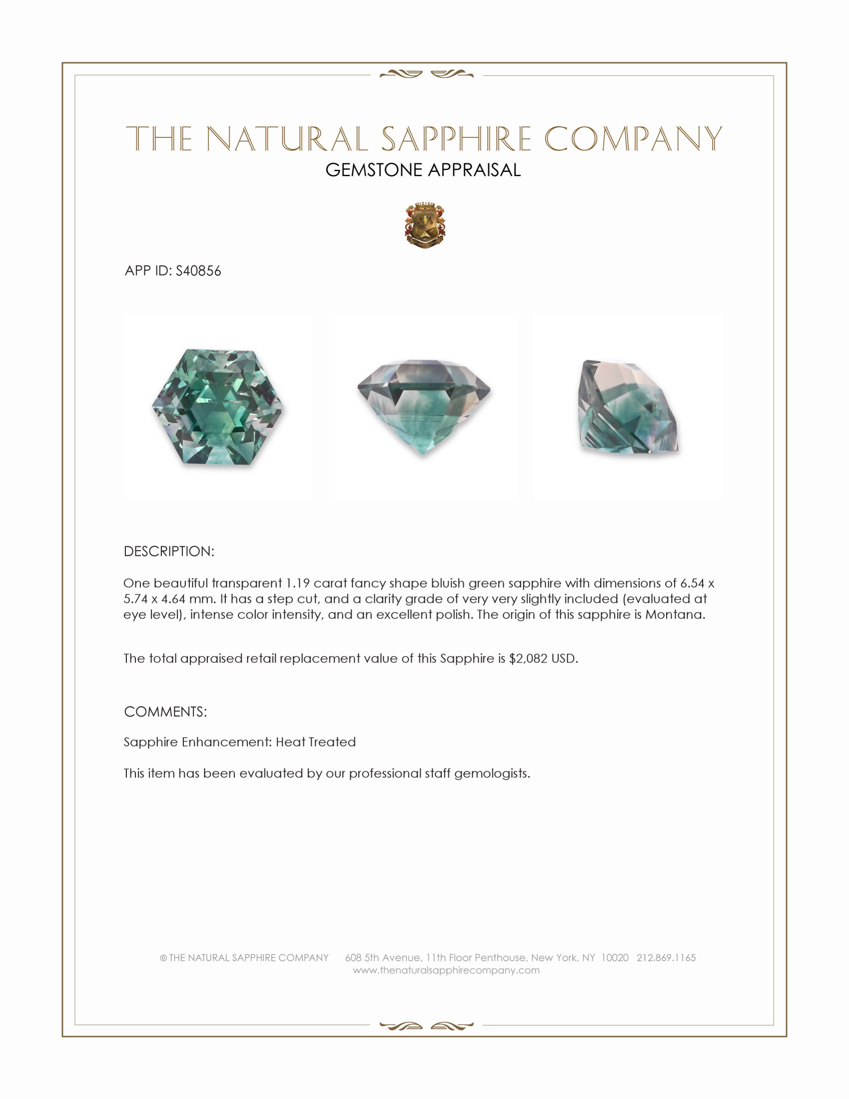 1.19 Ct. Bluish Green Sapphire from Montana