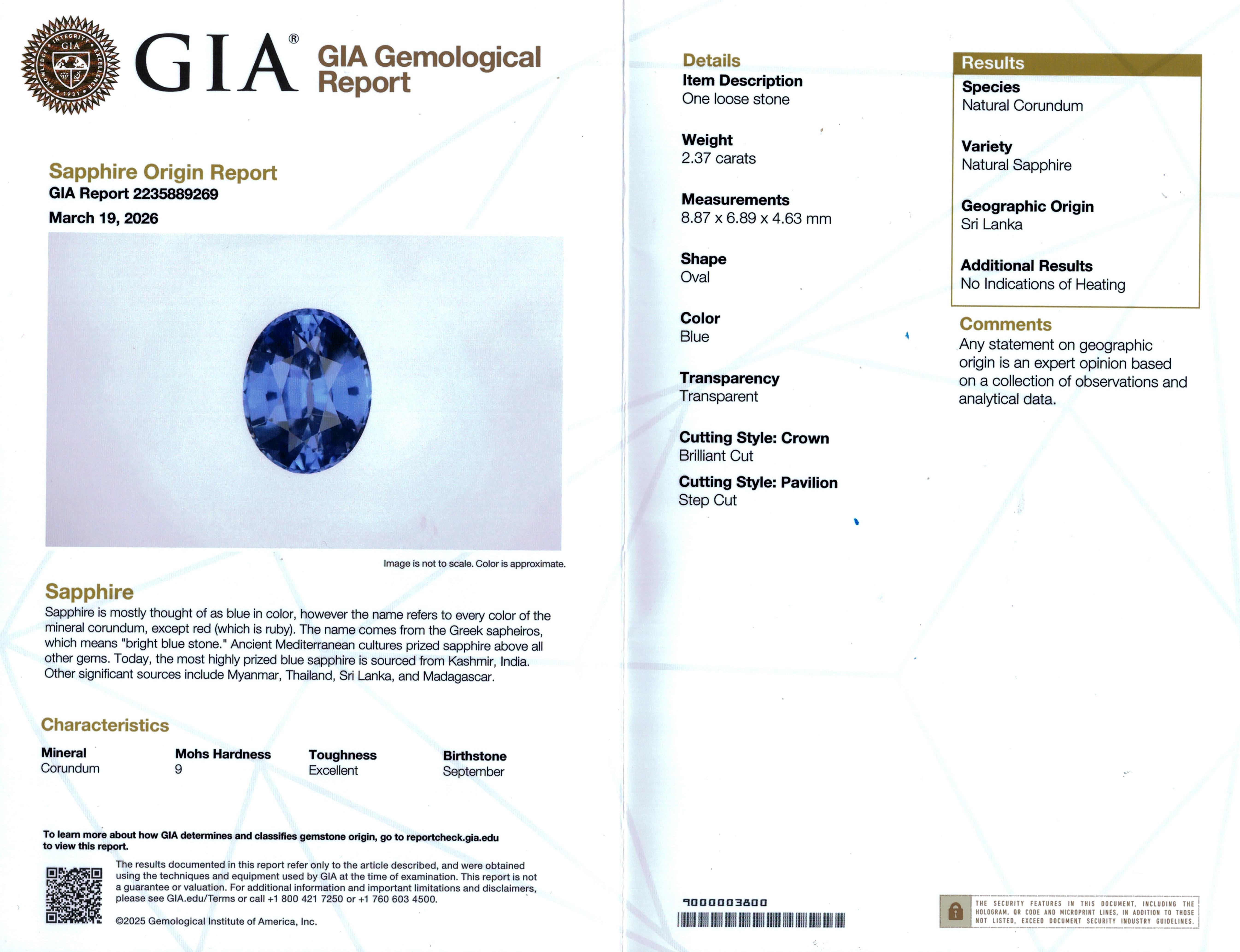2.37 Ct. Blue Sapphire from Ceylon (Sri Lanka)