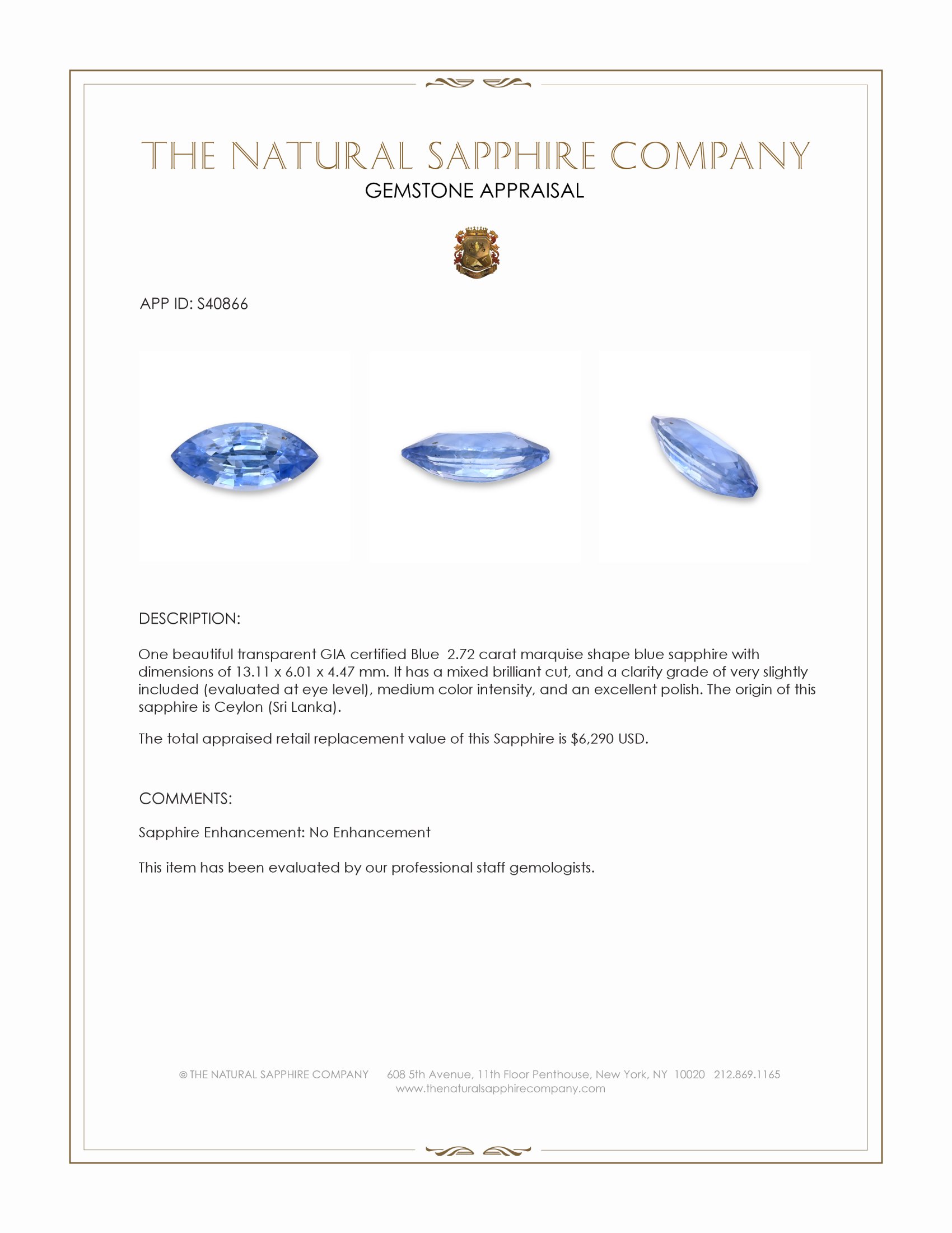 2.72 Ct. Blue Sapphire from Ceylon (Sri Lanka)