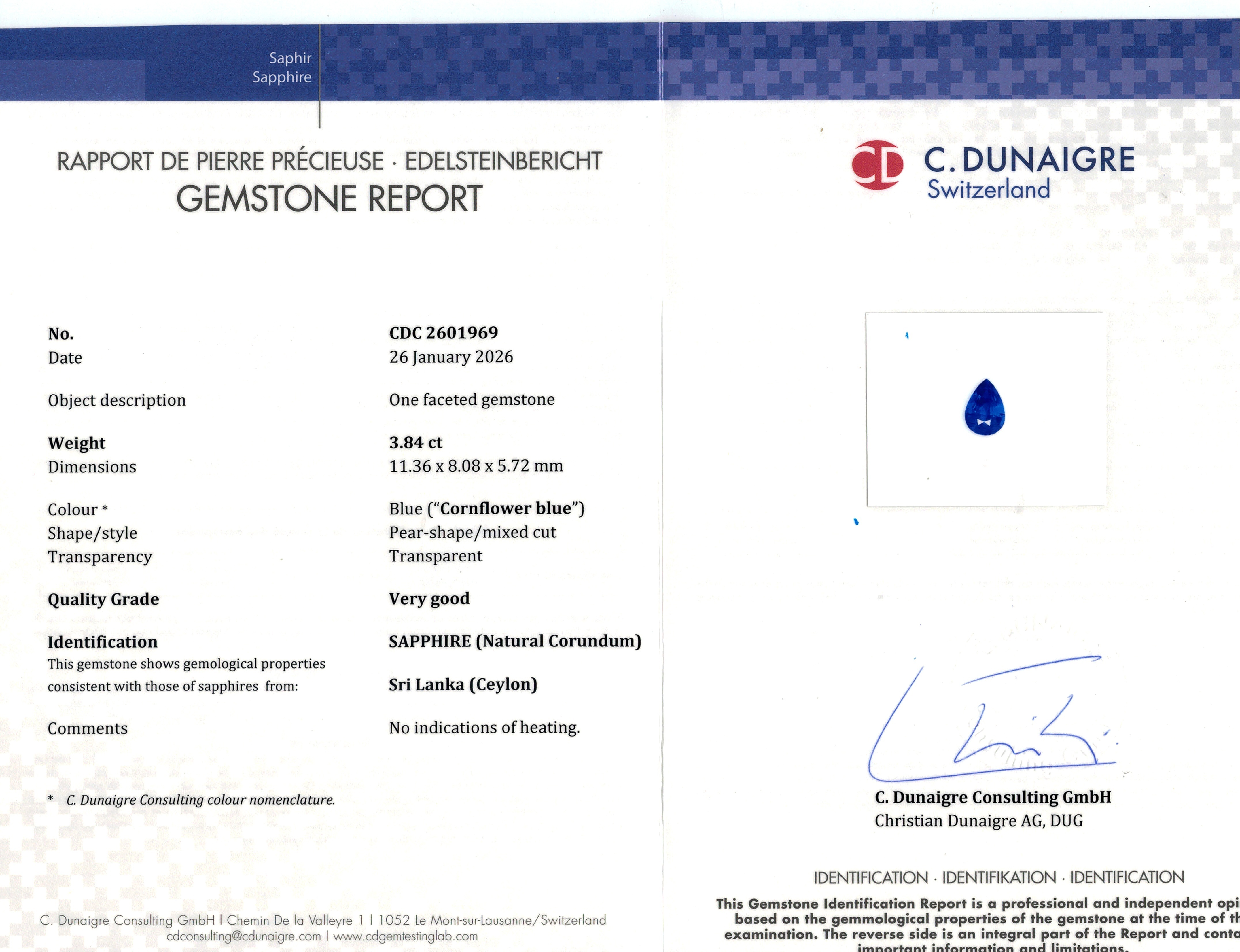 3.84 Ct. Blue Sapphire from Ceylon (Sri Lanka)
