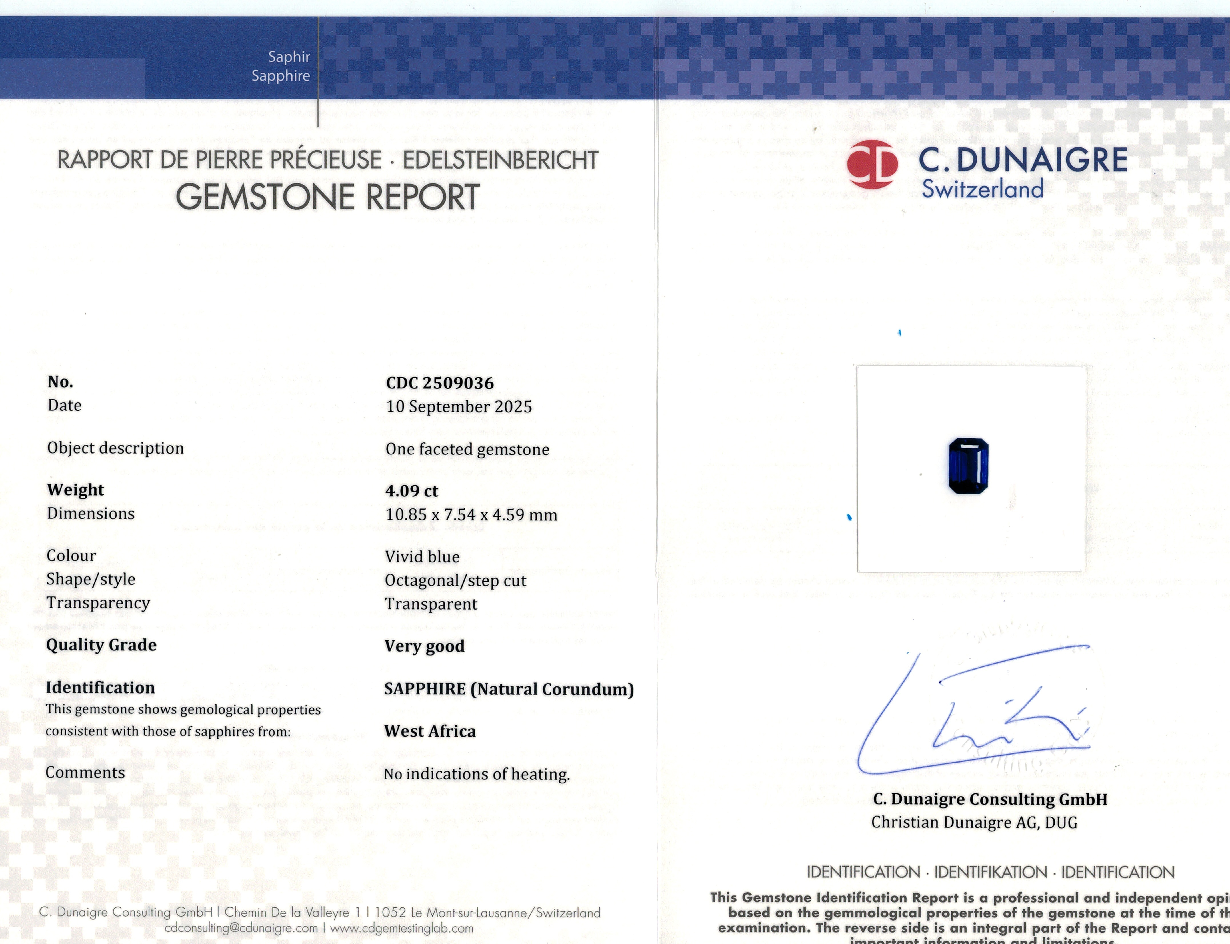 4.09 Ct. Blue Sapphire from West Africa