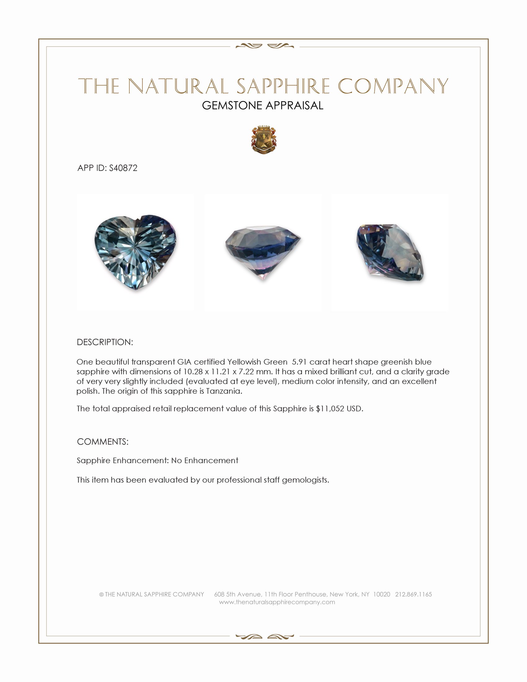 5.91 Ct. Greenish Blue Sapphire from Tanzania