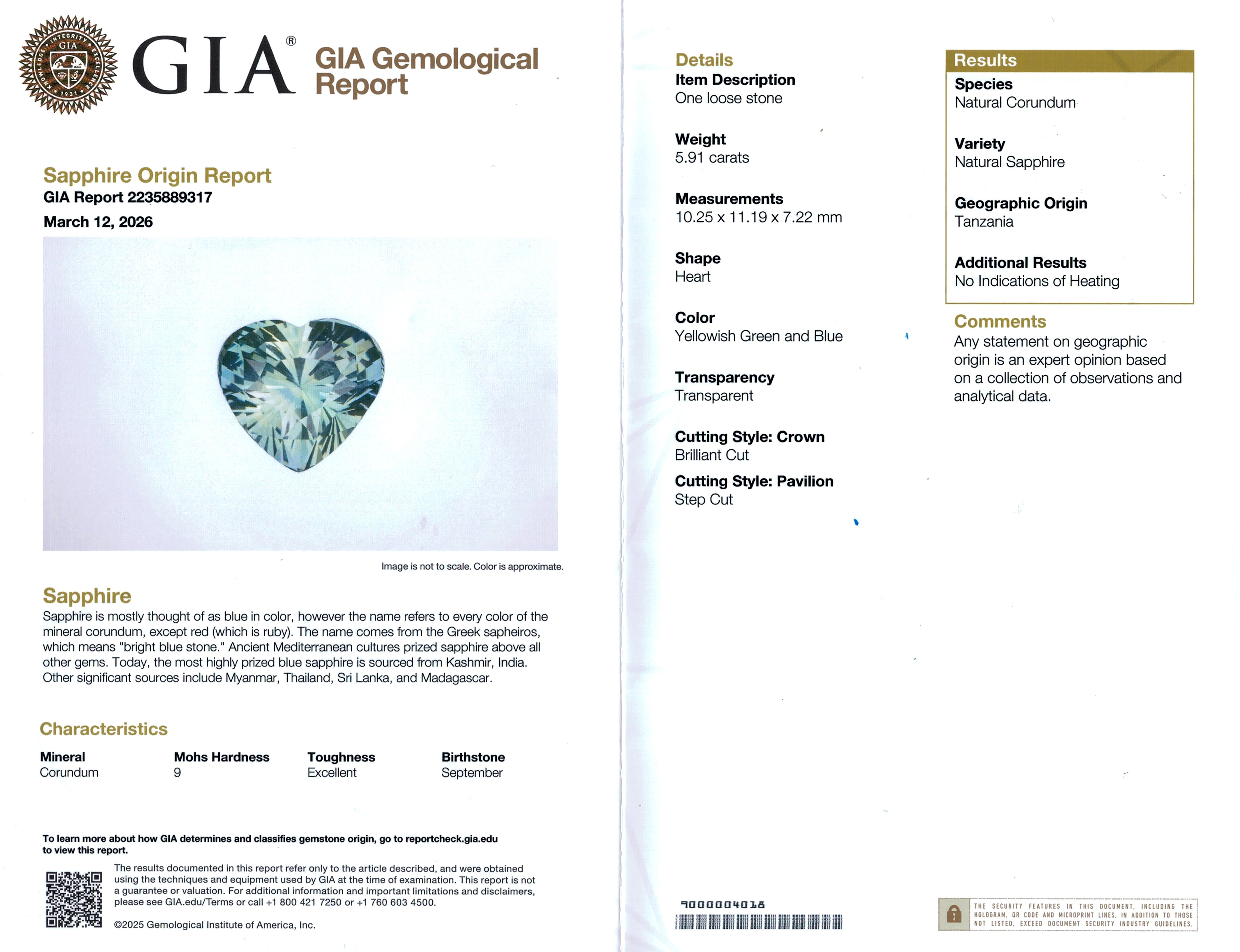 5.91 Ct. Greenish Blue Sapphire from Tanzania