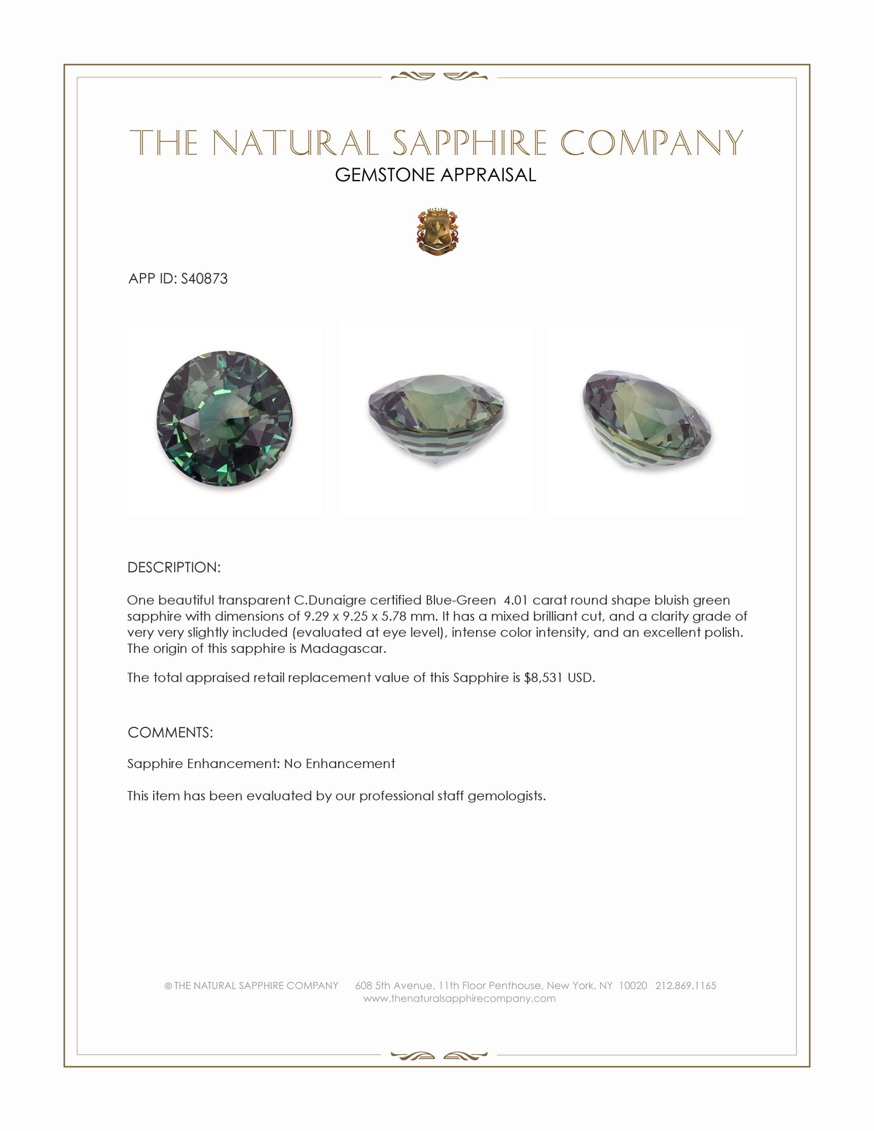 4.01 Ct. Bluish Green Sapphire from Madagascar