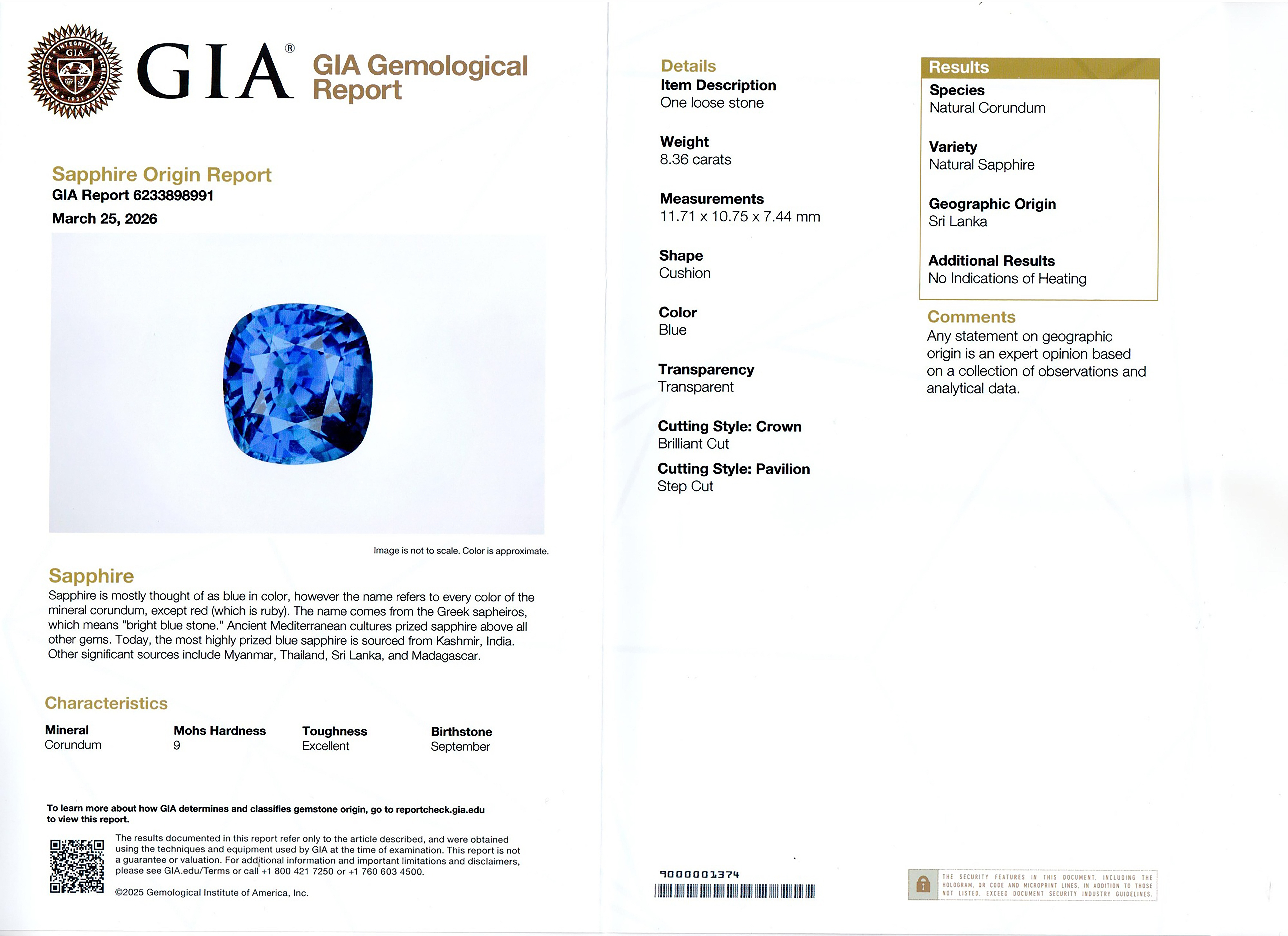 8.36 Ct. Blue Sapphire from Ceylon (Sri Lanka)