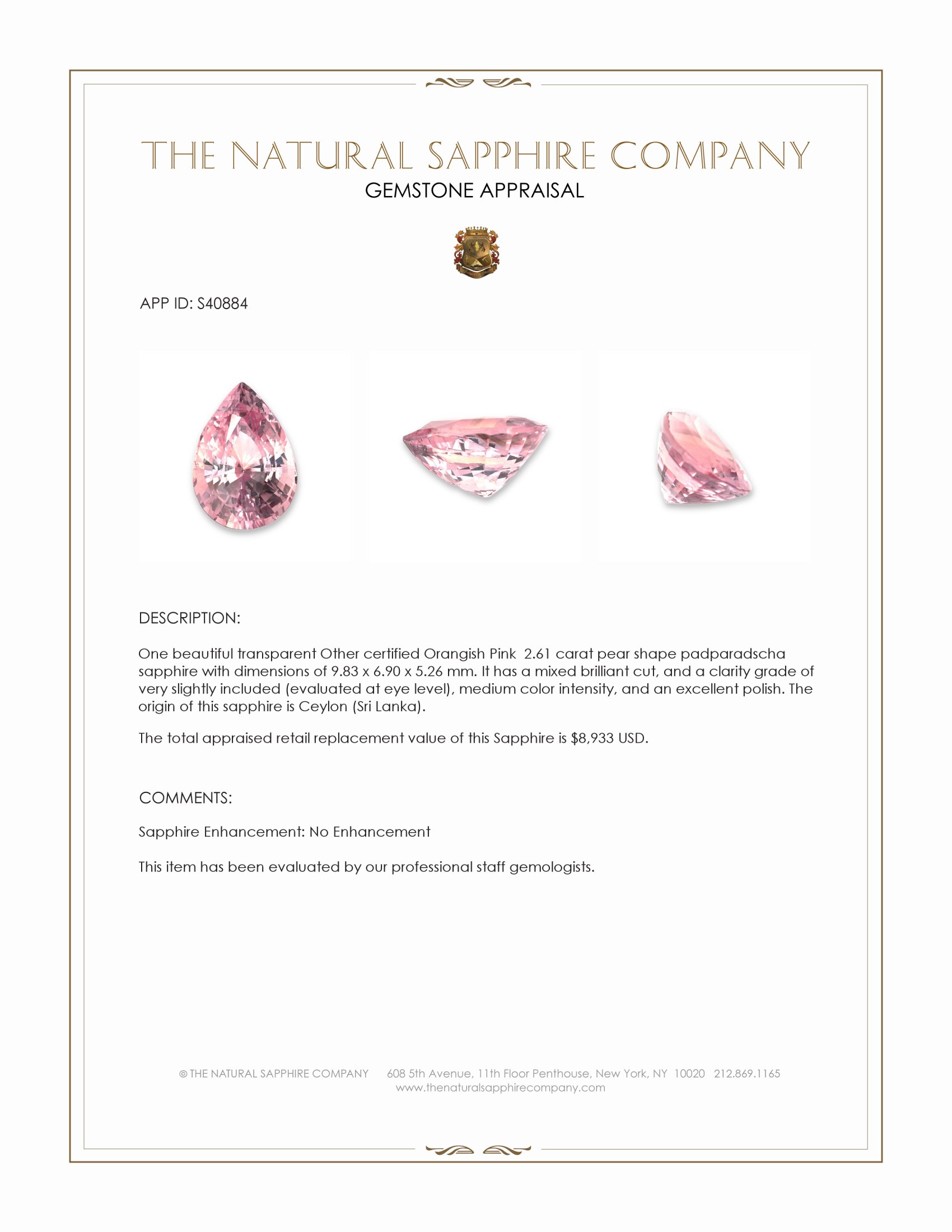 2.61 Ct. Padparadscha Sapphire from Ceylon (Sri Lanka)