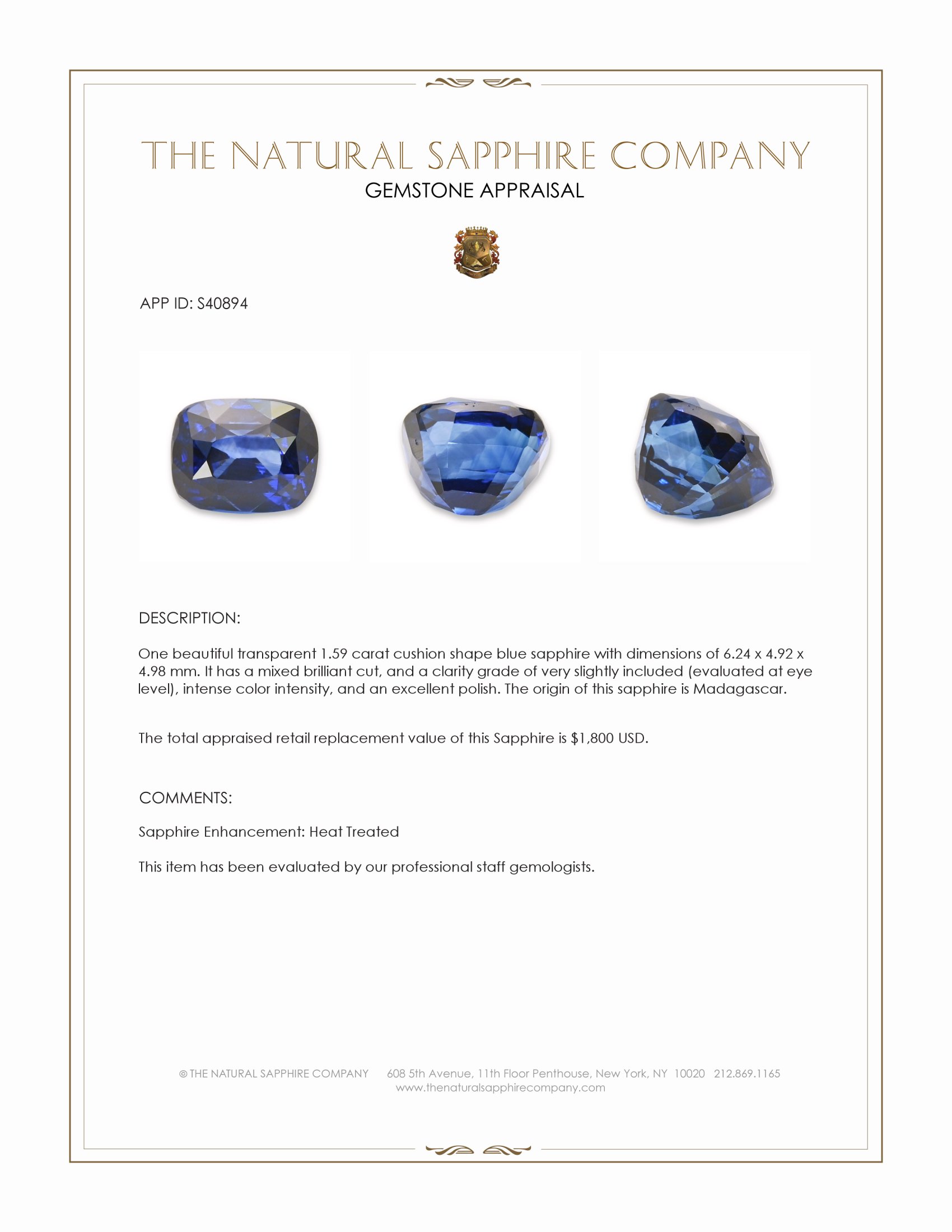 1.59 Ct. Blue Sapphire from Madagascar