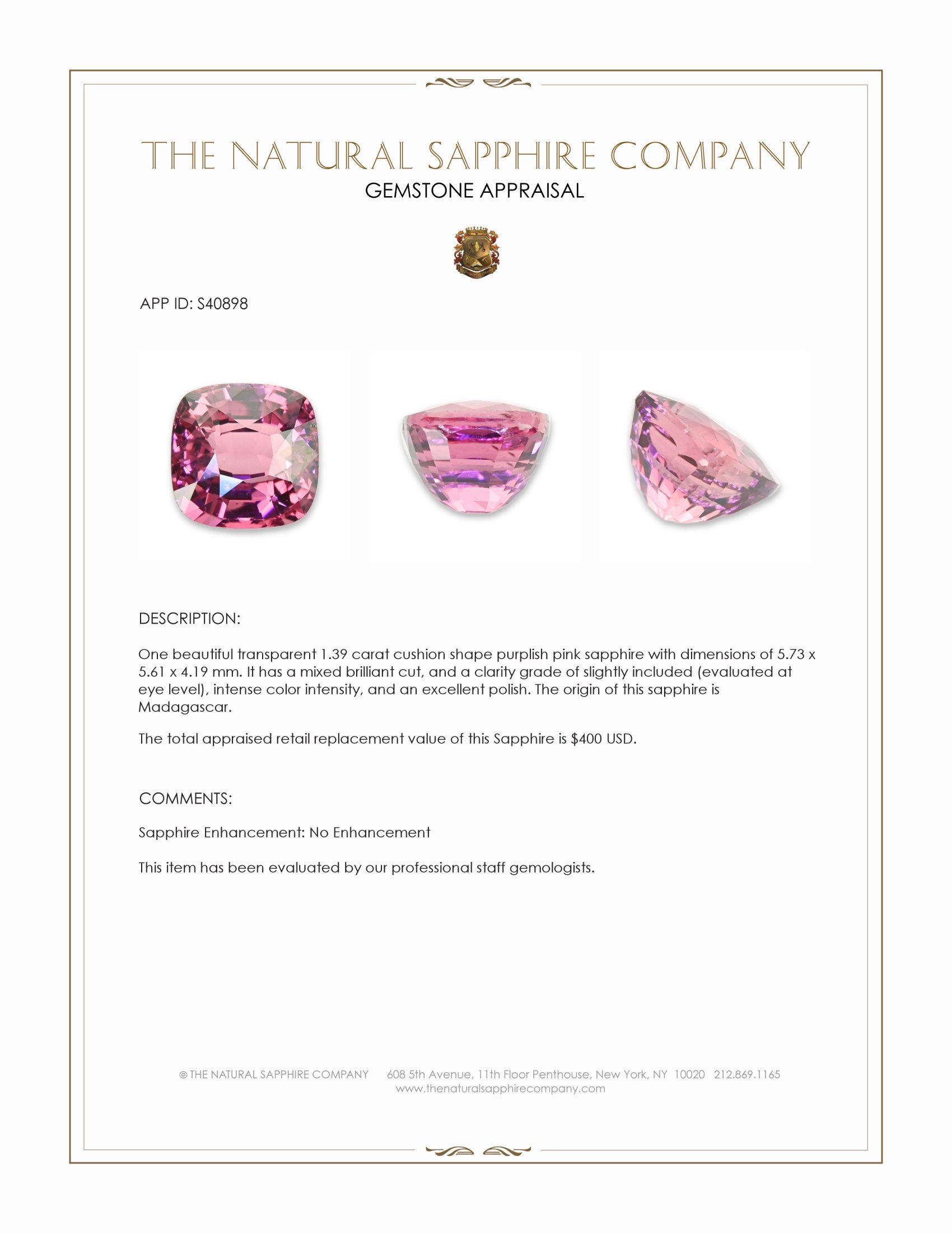 1.39 Ct. Purplish Pink Sapphire from Madagascar