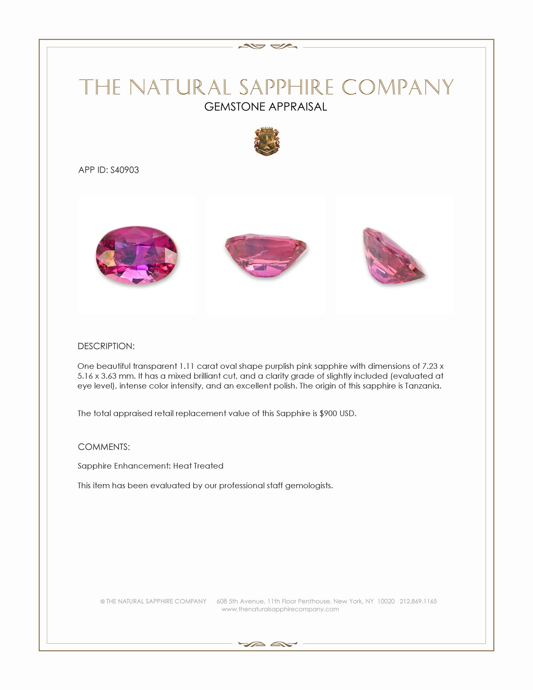 1.11 Ct. Purplish Pink Sapphire from Tanzania