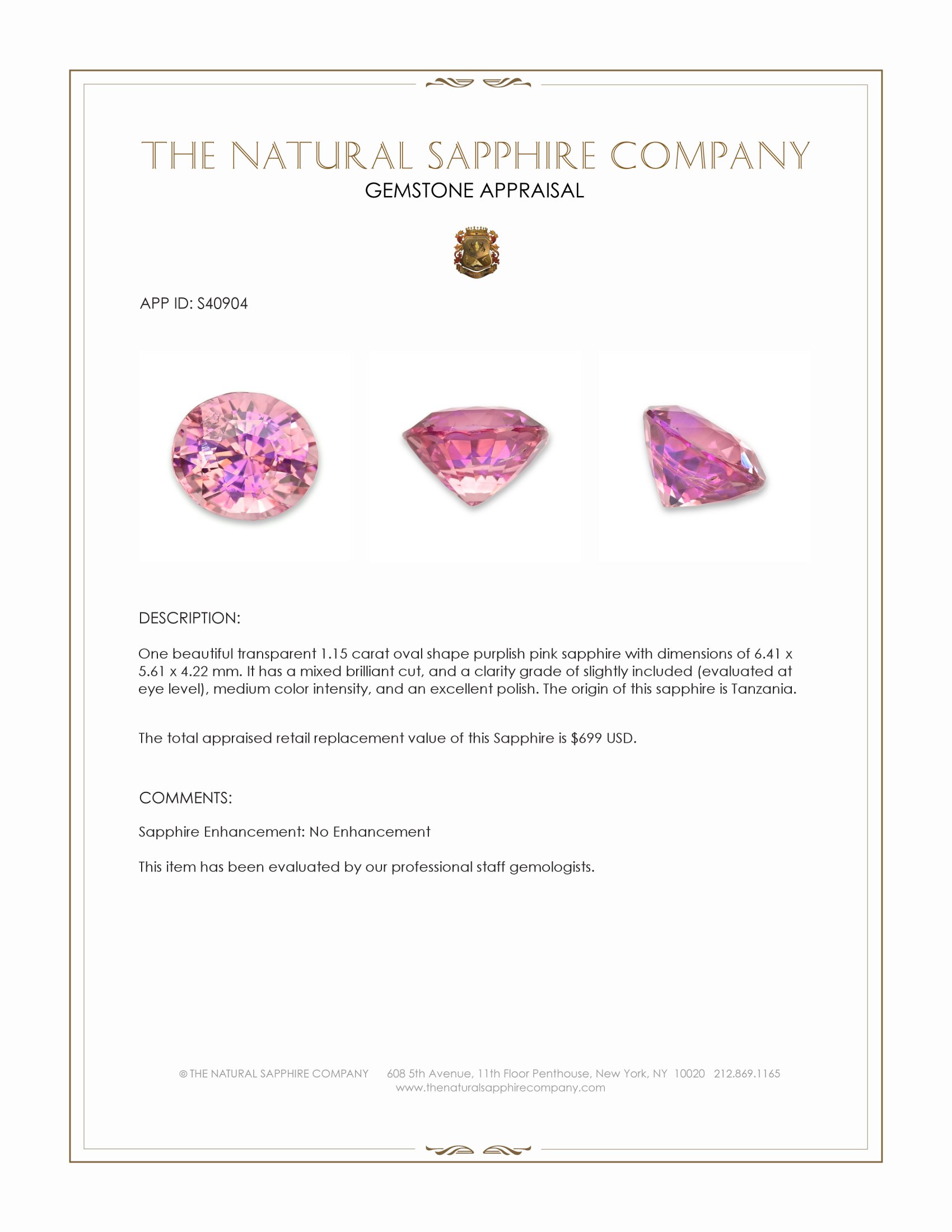 1.15 Ct. Purplish Pink Sapphire from Tanzania