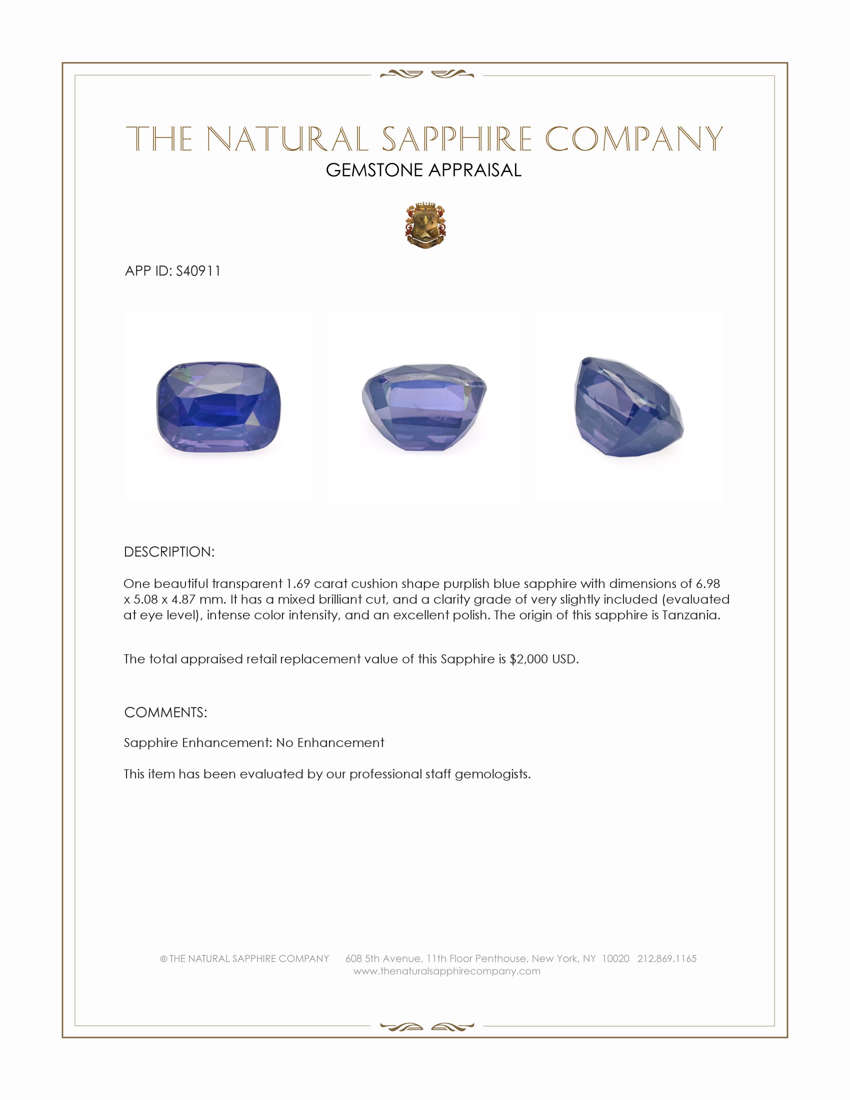 1.69 Ct. Purplish Blue Sapphire from Tanzania