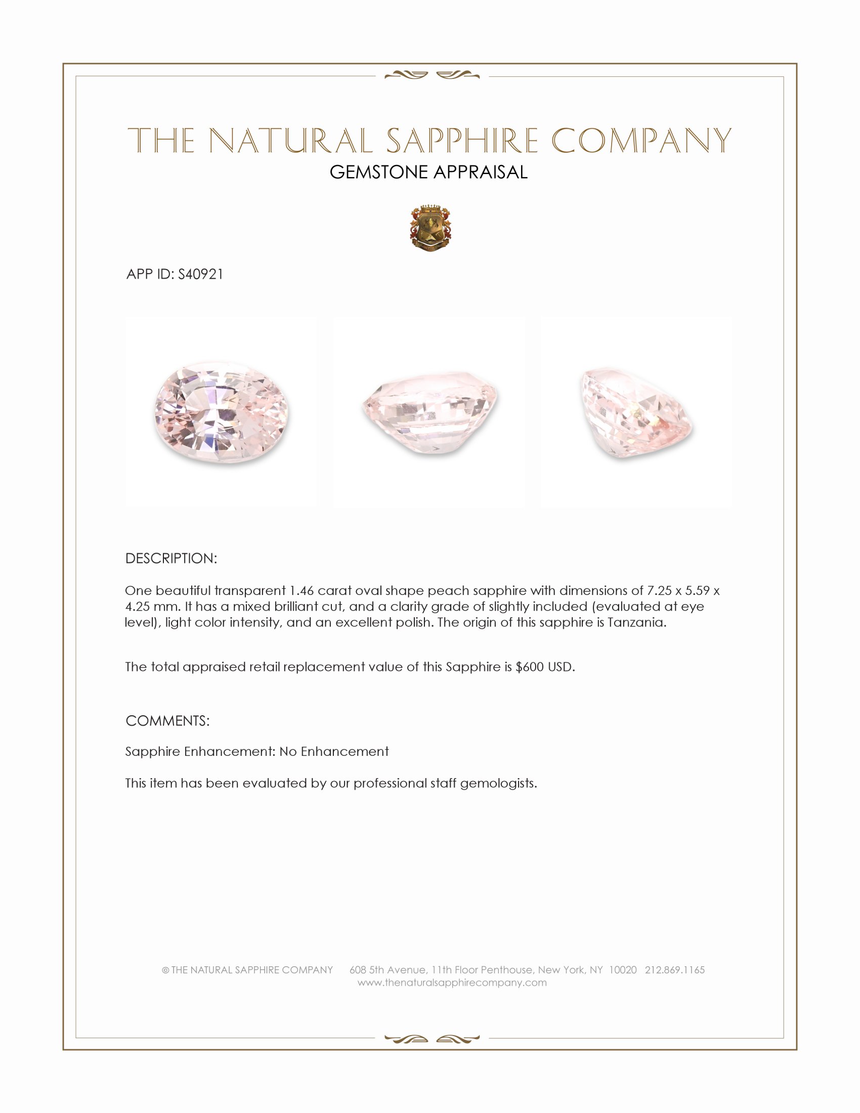 1.46 Ct. Peach Sapphire from Tanzania