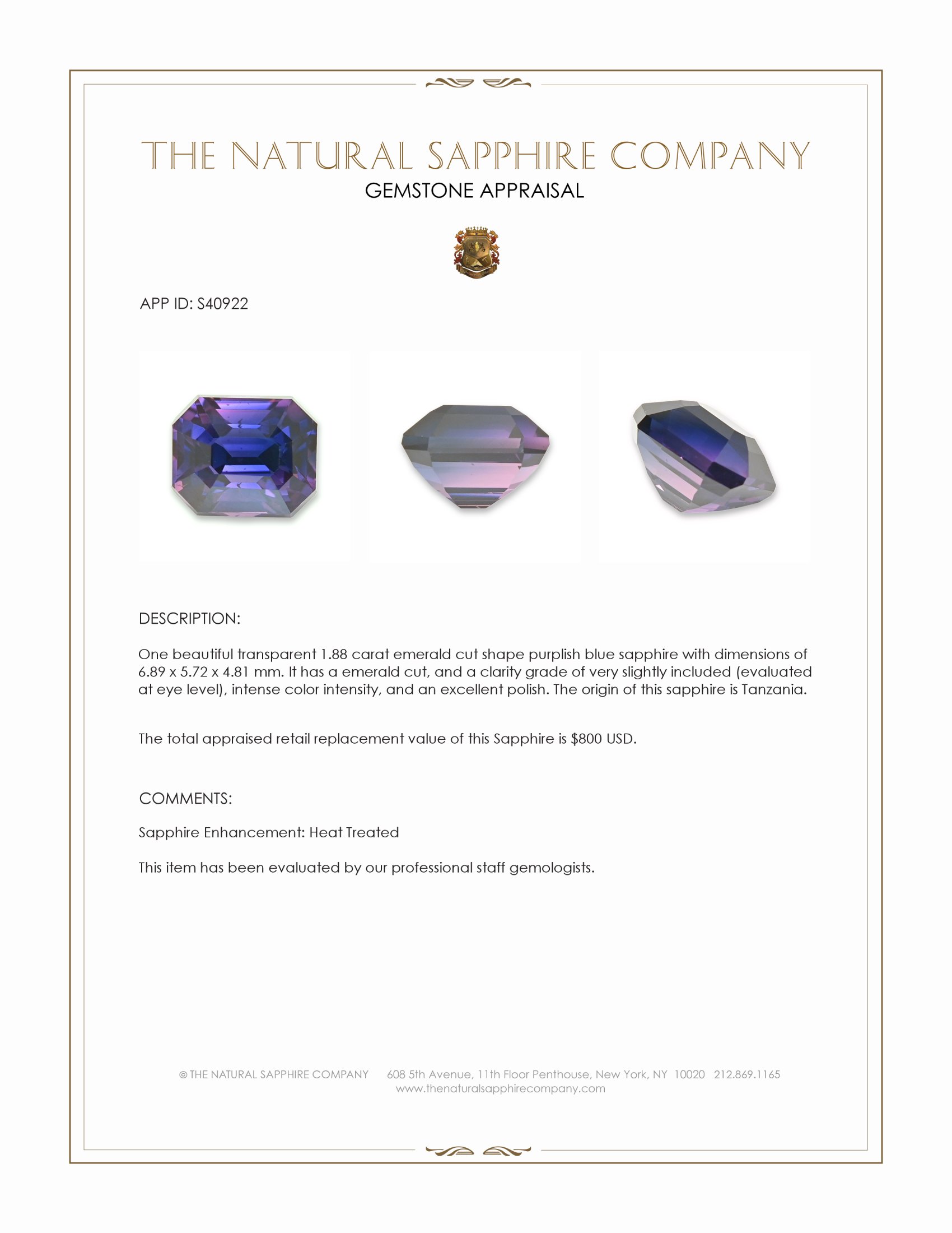 1.88 Ct. Purplish Blue Sapphire from Tanzania