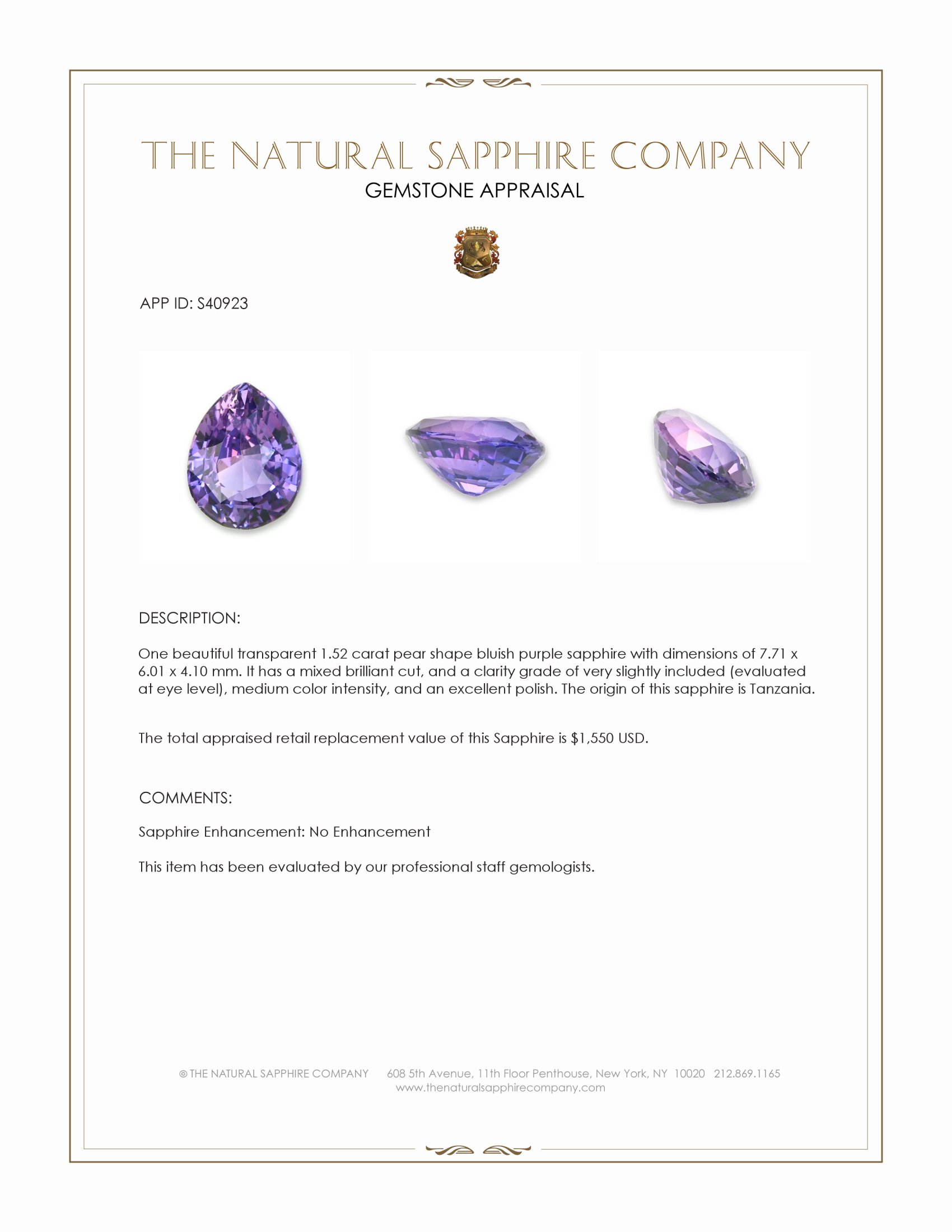 1.52 Ct. Bluish Purple Sapphire from Tanzania