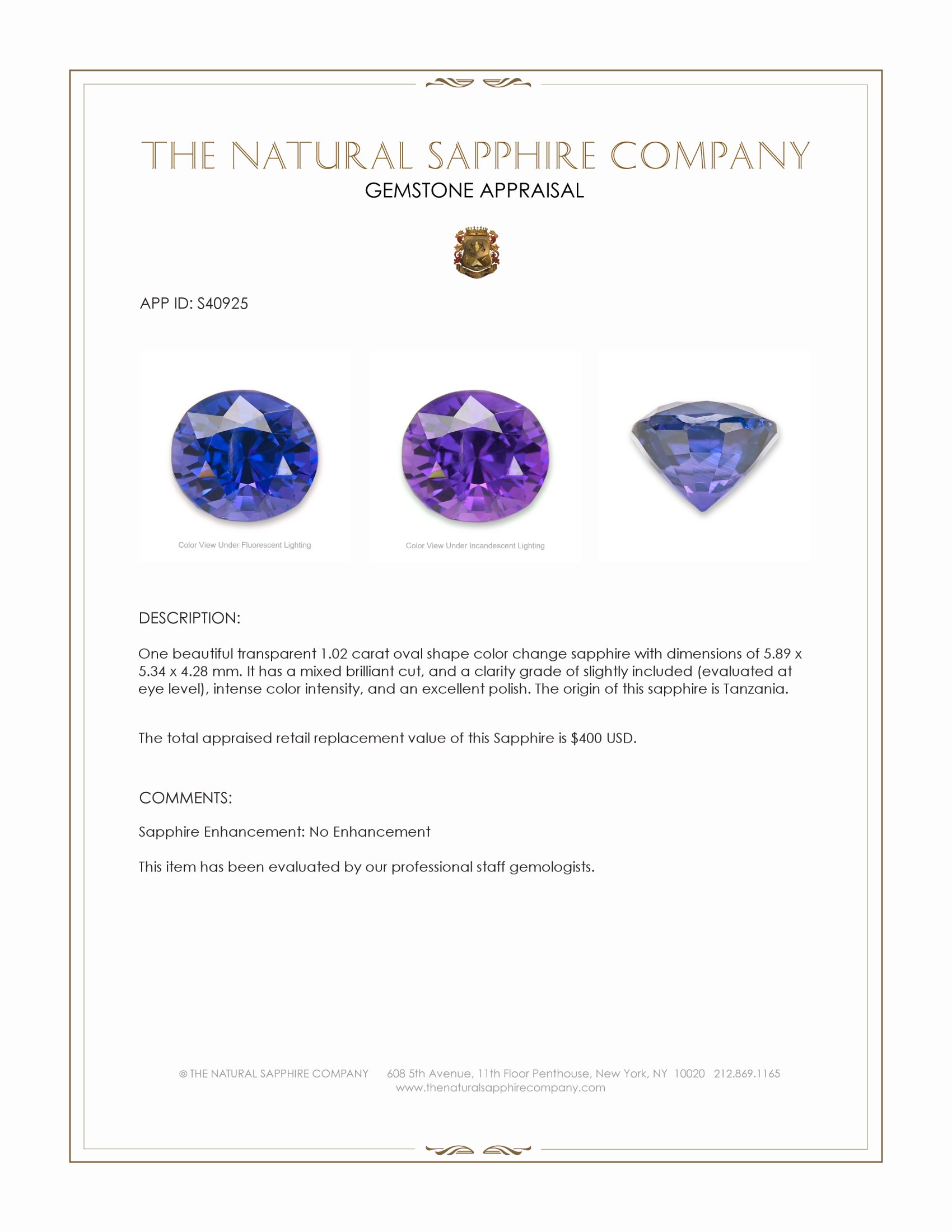 1.02 Ct. Color Change Sapphire from Tanzania