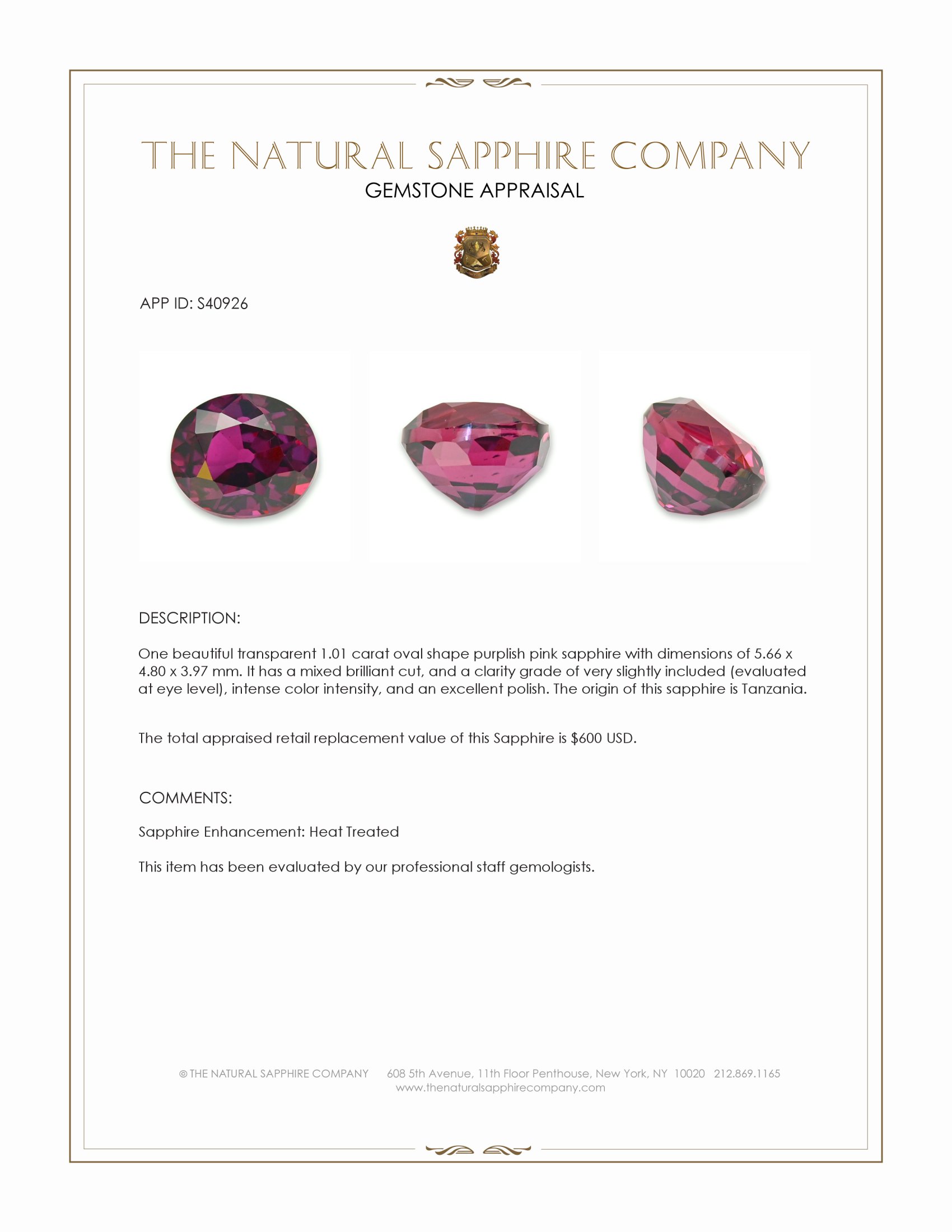 1.01 Ct. Purplish Pink Sapphire from Tanzania