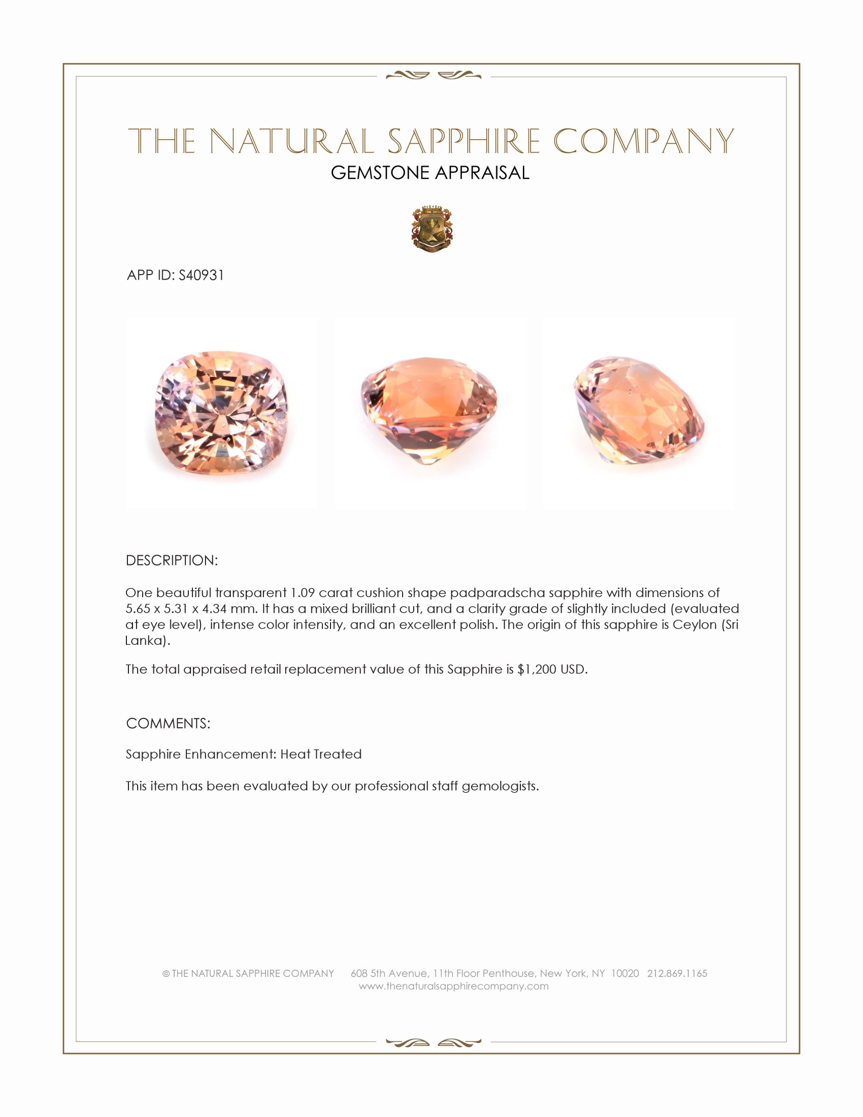 1.09 Ct. Padparadscha Sapphire from Ceylon (Sri Lanka)