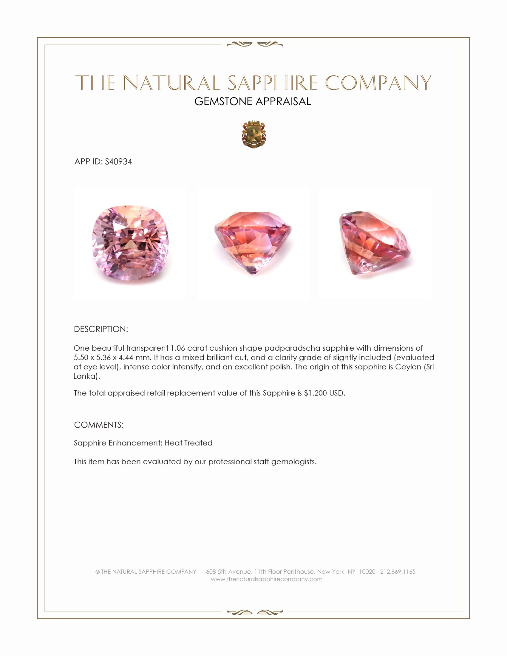 1.06 Ct. Padparadscha Sapphire from Ceylon (Sri Lanka)
