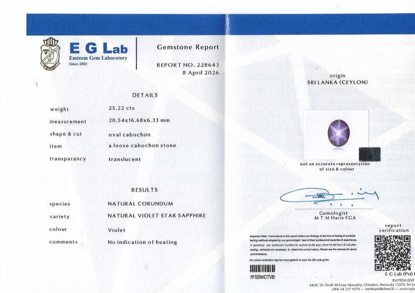 25.21 Ct. Violet Star Sapphire from Ceylon (Sri Lanka)
