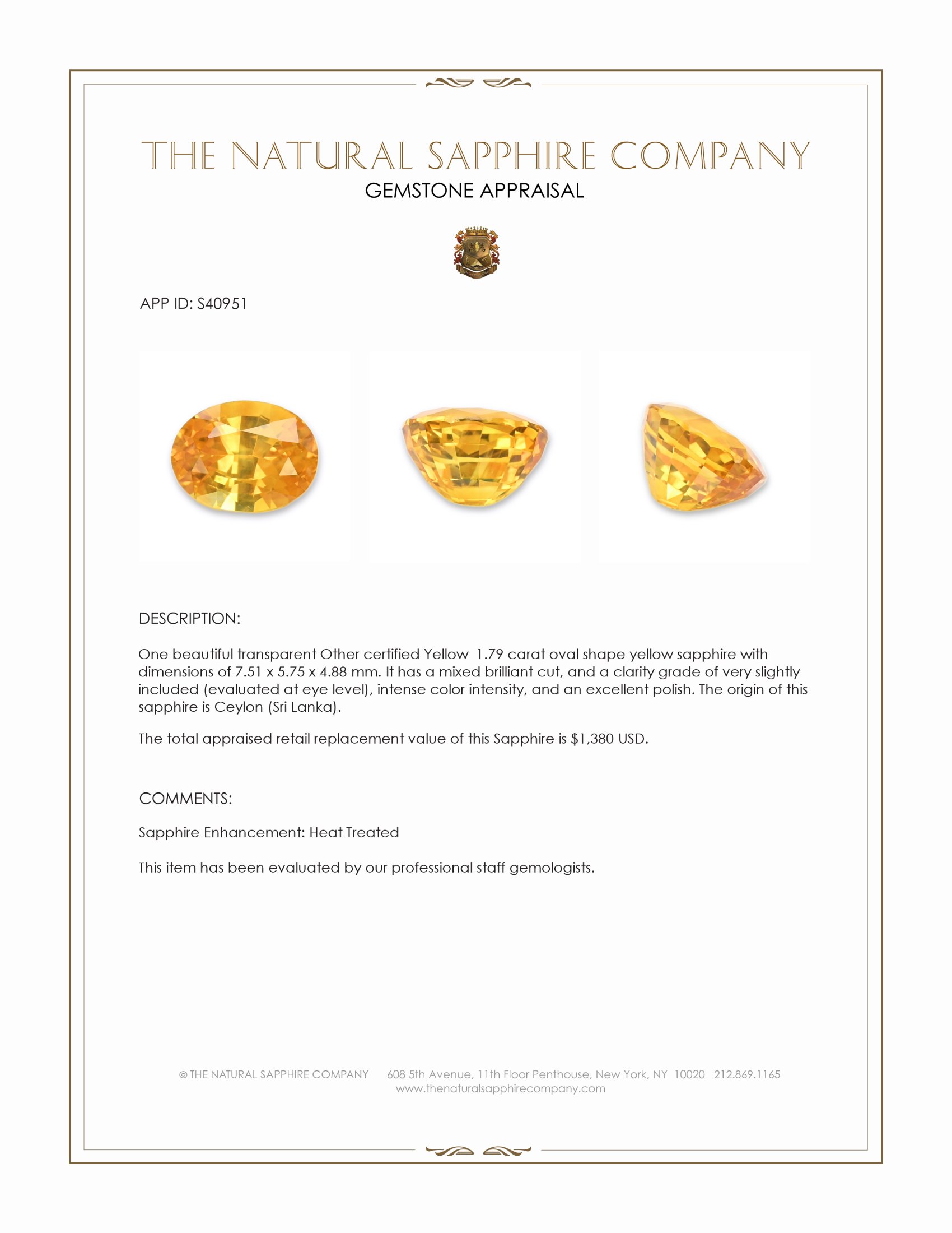 1.79 Ct. Yellow Sapphire from Ceylon (Sri Lanka)