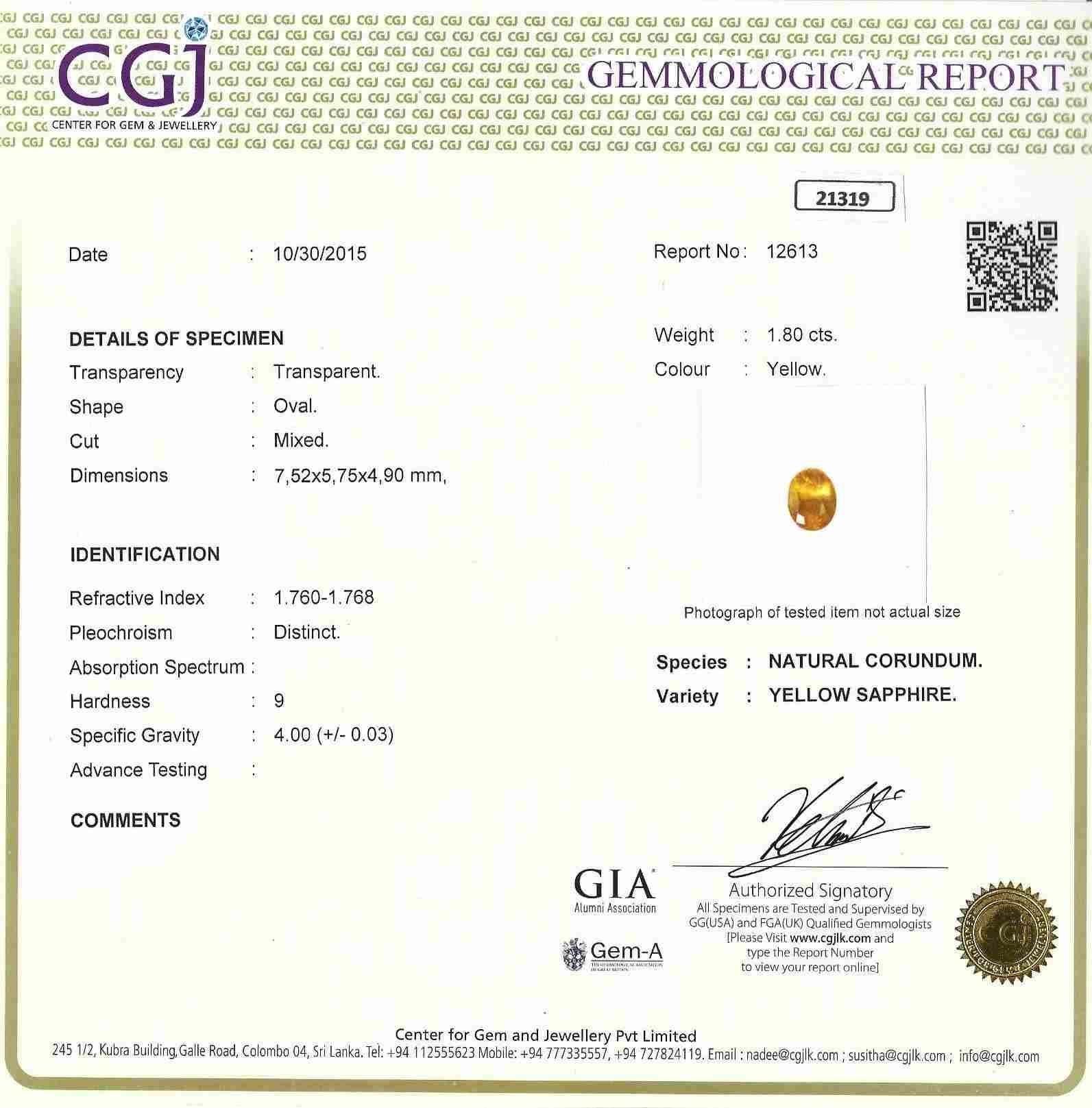 1.79 Ct. Yellow Sapphire from Ceylon (Sri Lanka)