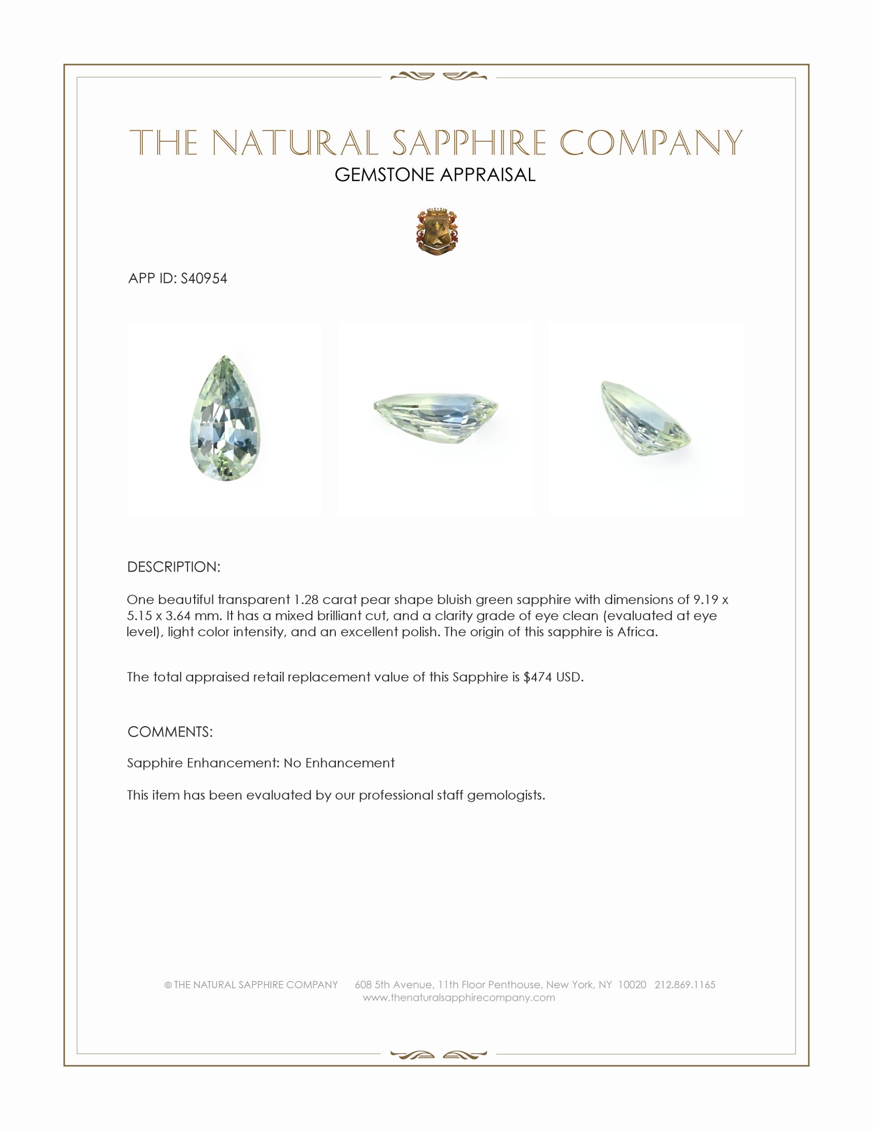 1.28 Ct. Bluish Green Sapphire from Africa