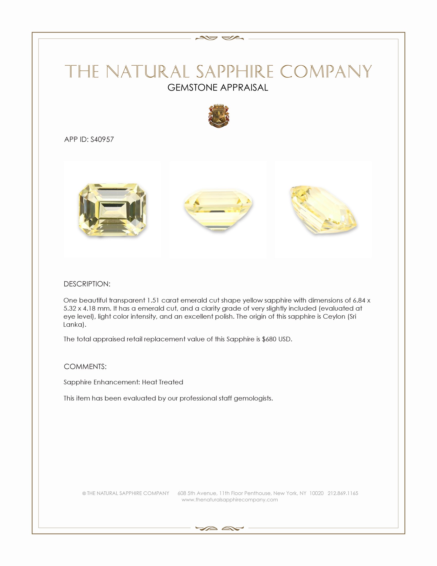 1.51 Ct. Yellow Sapphire from Ceylon (Sri Lanka)