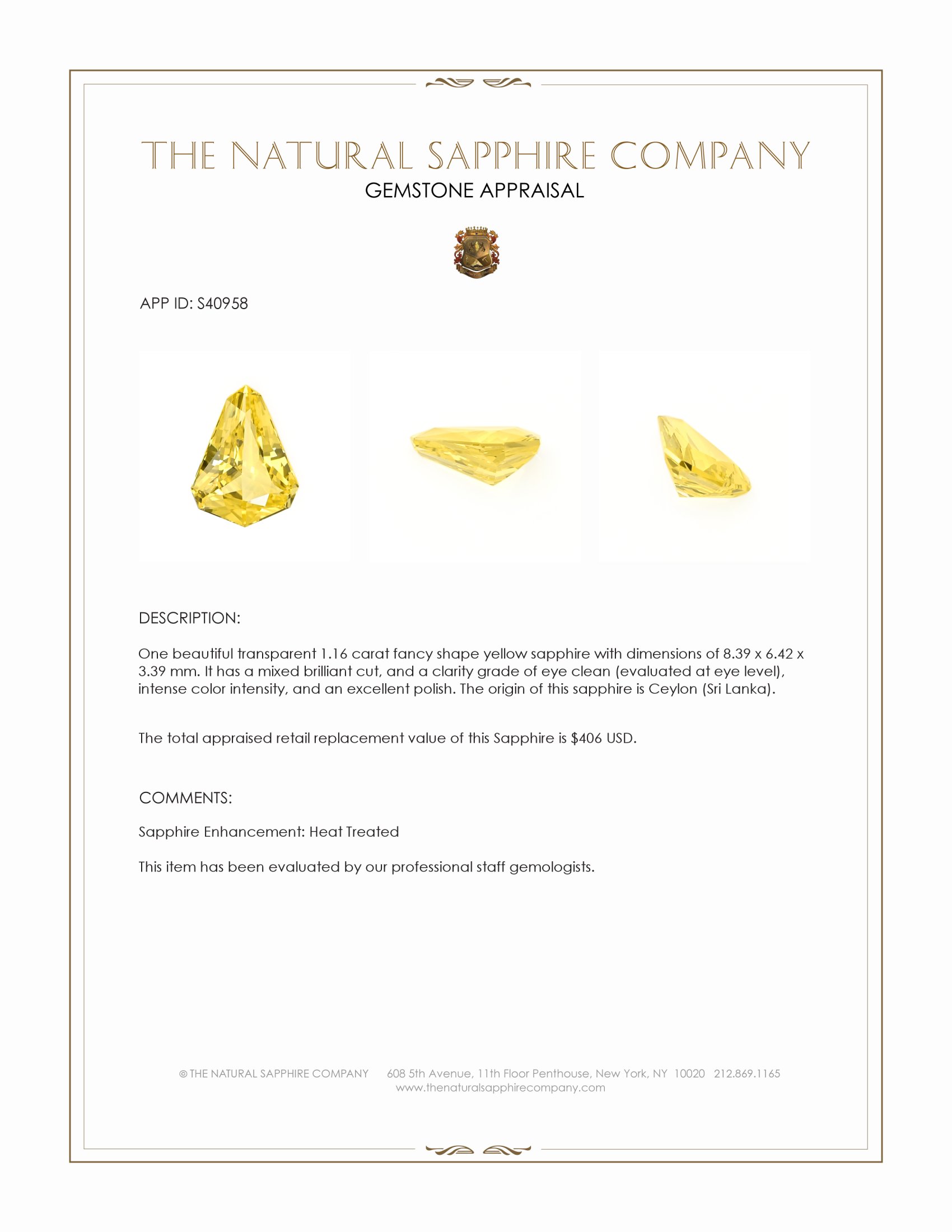1.16 Ct. Yellow Sapphire from Ceylon (Sri Lanka)