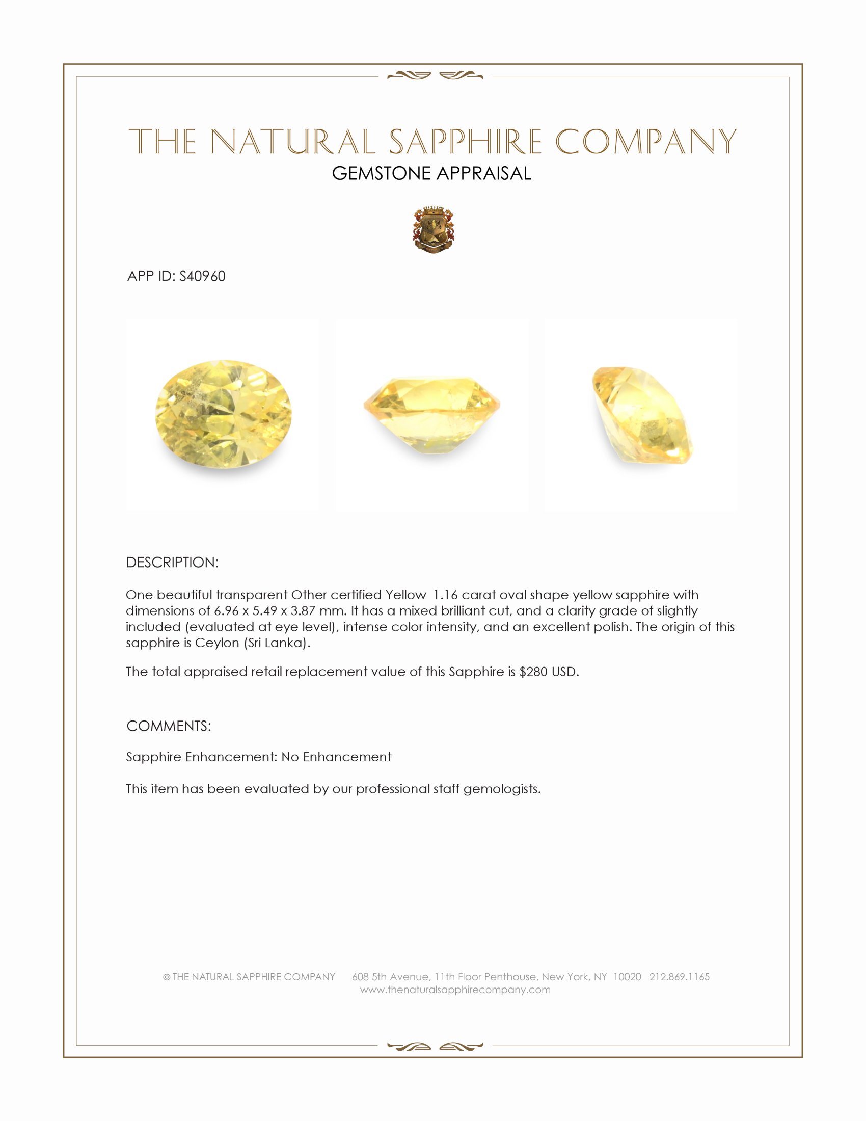 1.16 Ct. Yellow Sapphire from Ceylon (Sri Lanka)