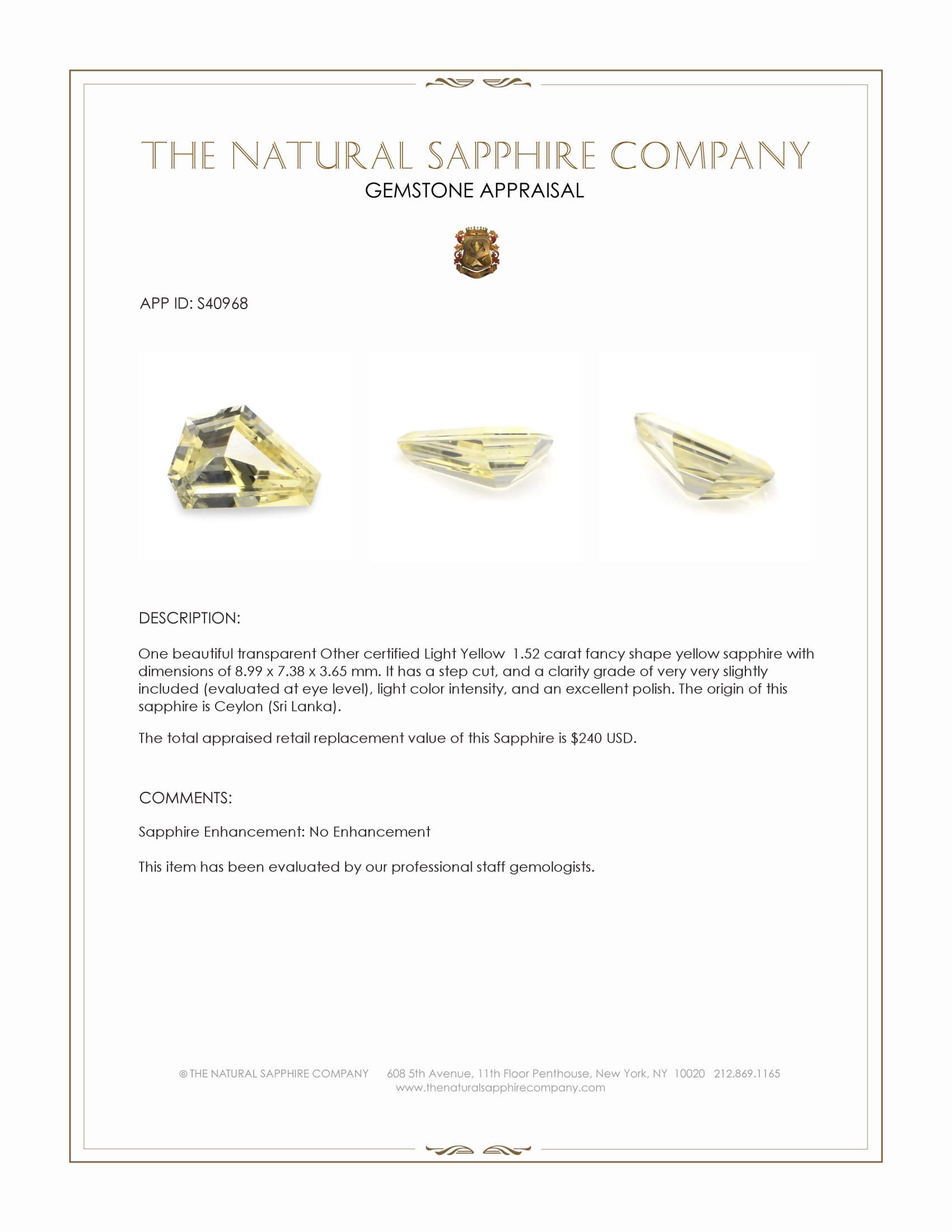 1.52 Ct. Yellow Sapphire from Ceylon (Sri Lanka)
