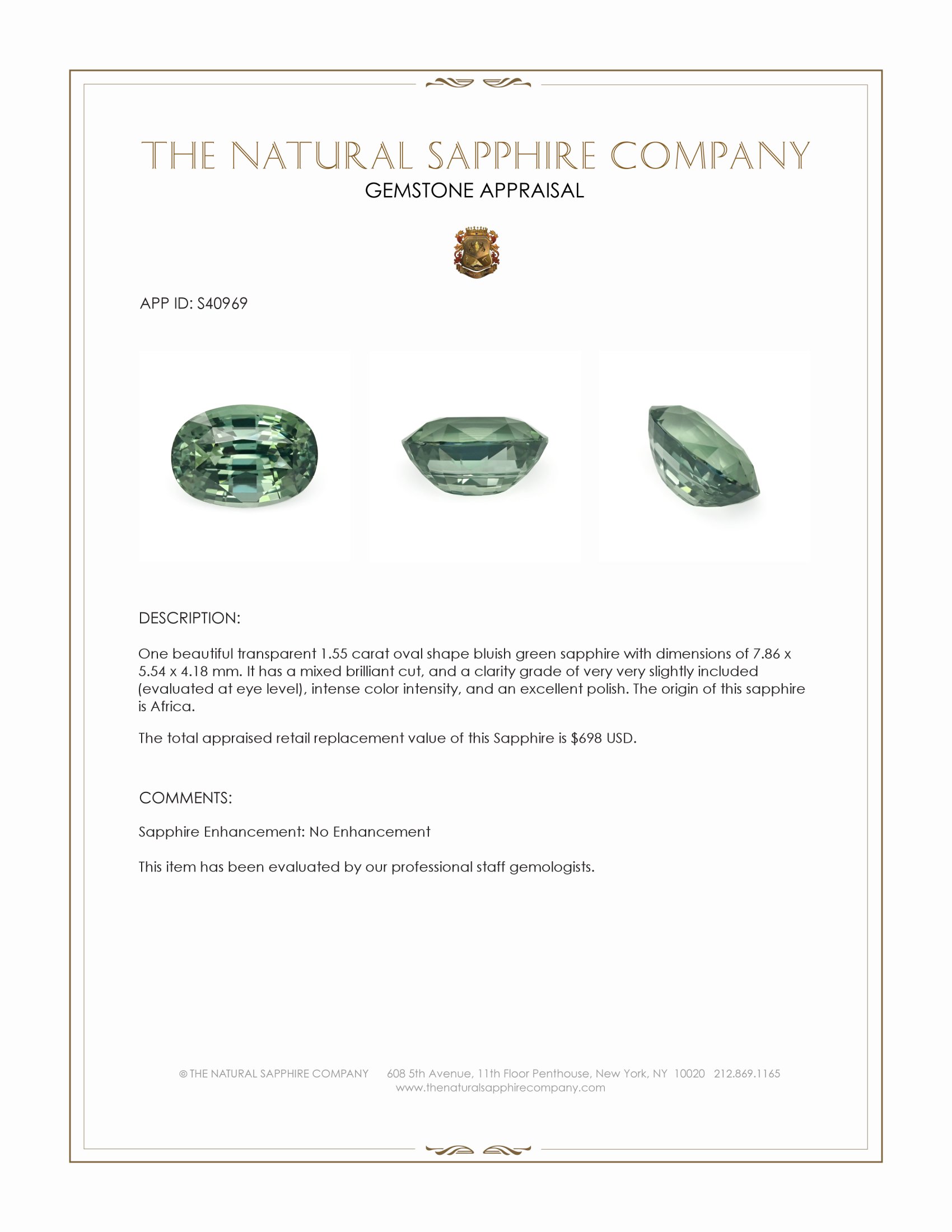 1.55 Ct. Bluish Green Sapphire from Africa