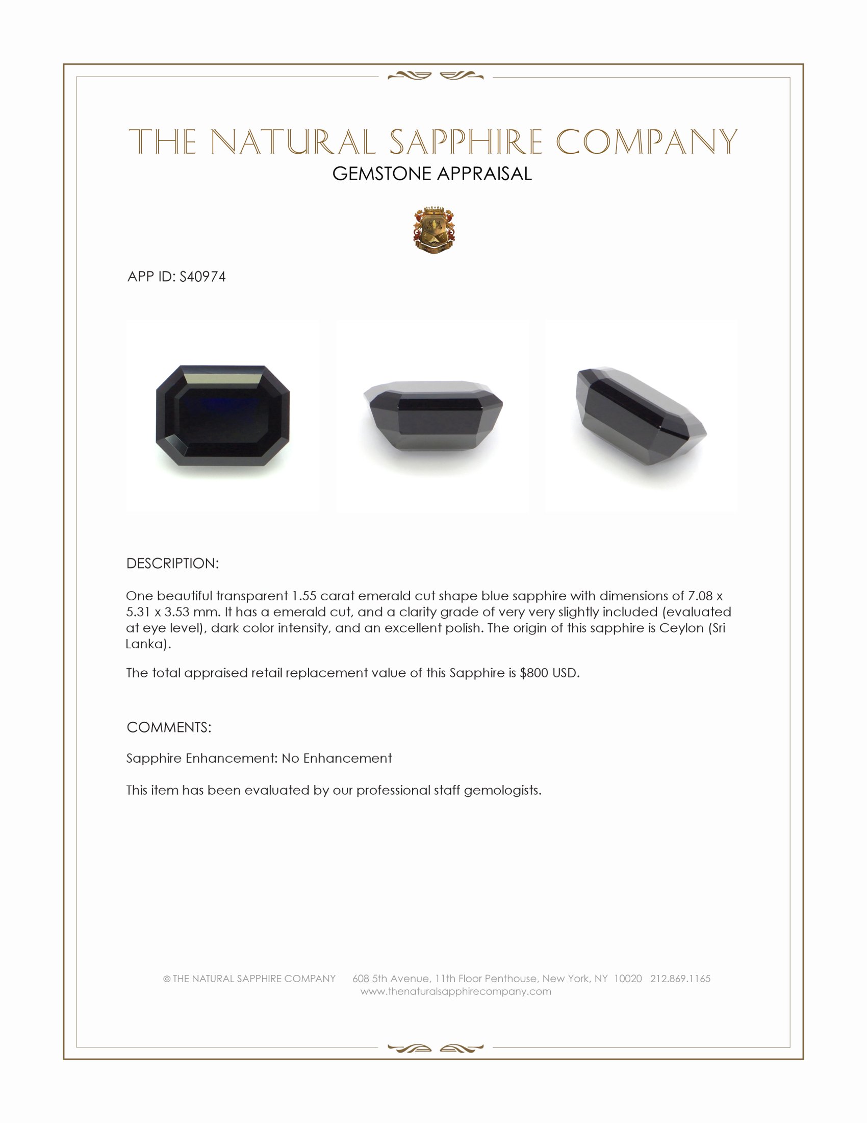 1.55 Ct. Blue Sapphire from Ceylon (Sri Lanka)