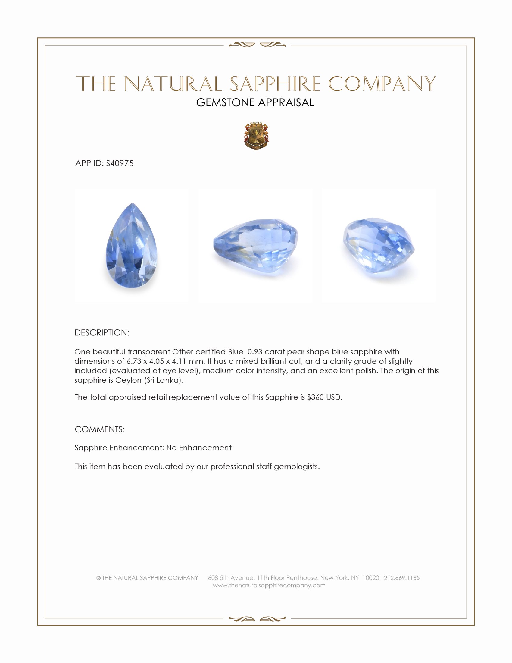 0.93 Ct. Blue Sapphire from Ceylon (Sri Lanka)