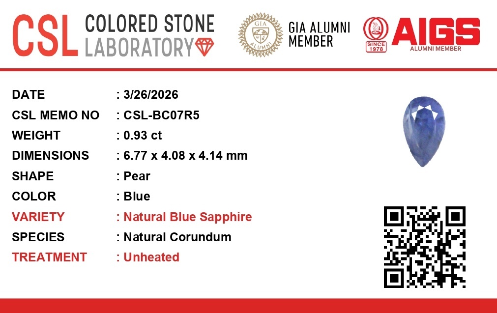 0.93 Ct. Blue Sapphire from Ceylon (Sri Lanka)