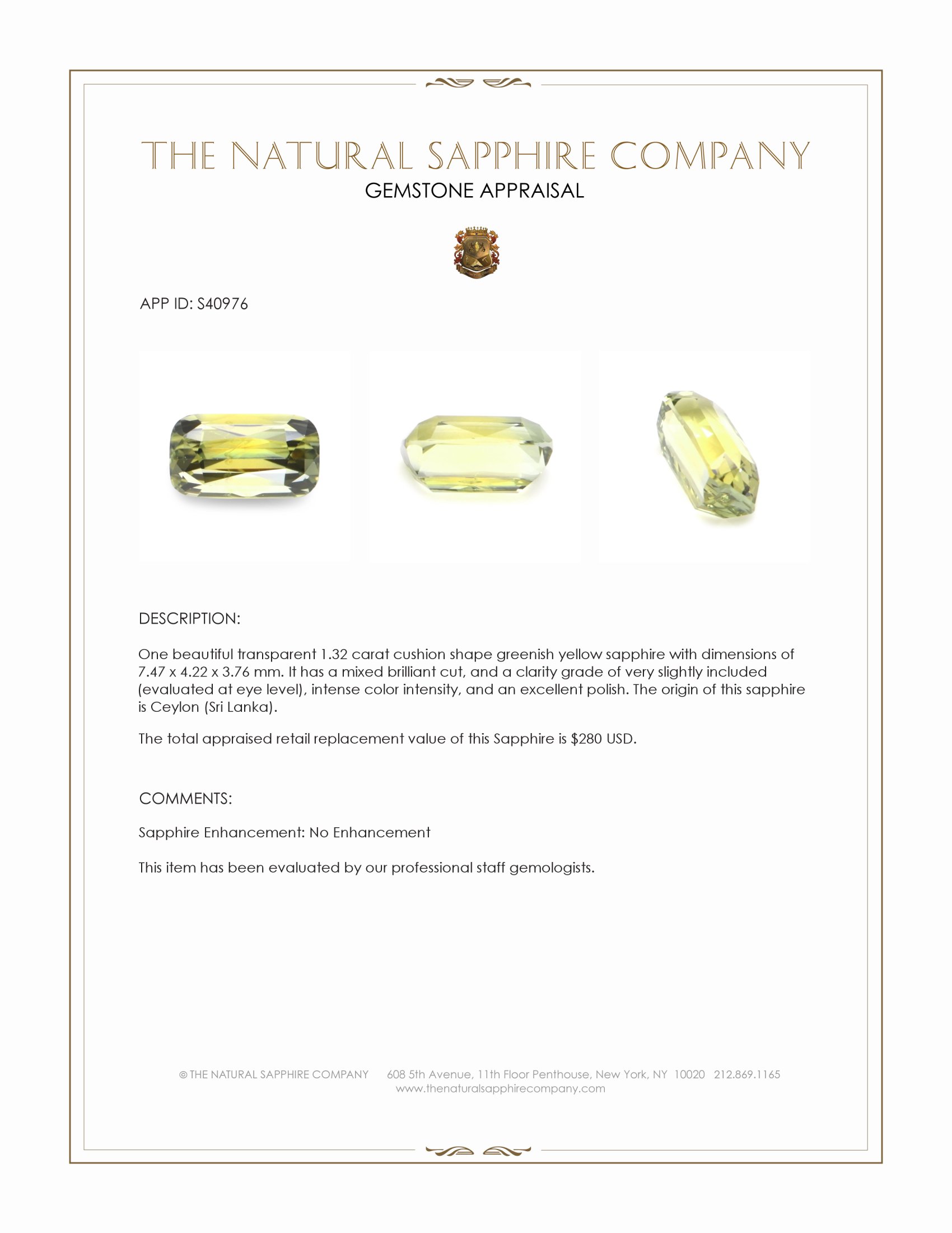 1.32 Ct. Greenish Yellow Sapphire from Ceylon (Sri Lanka)