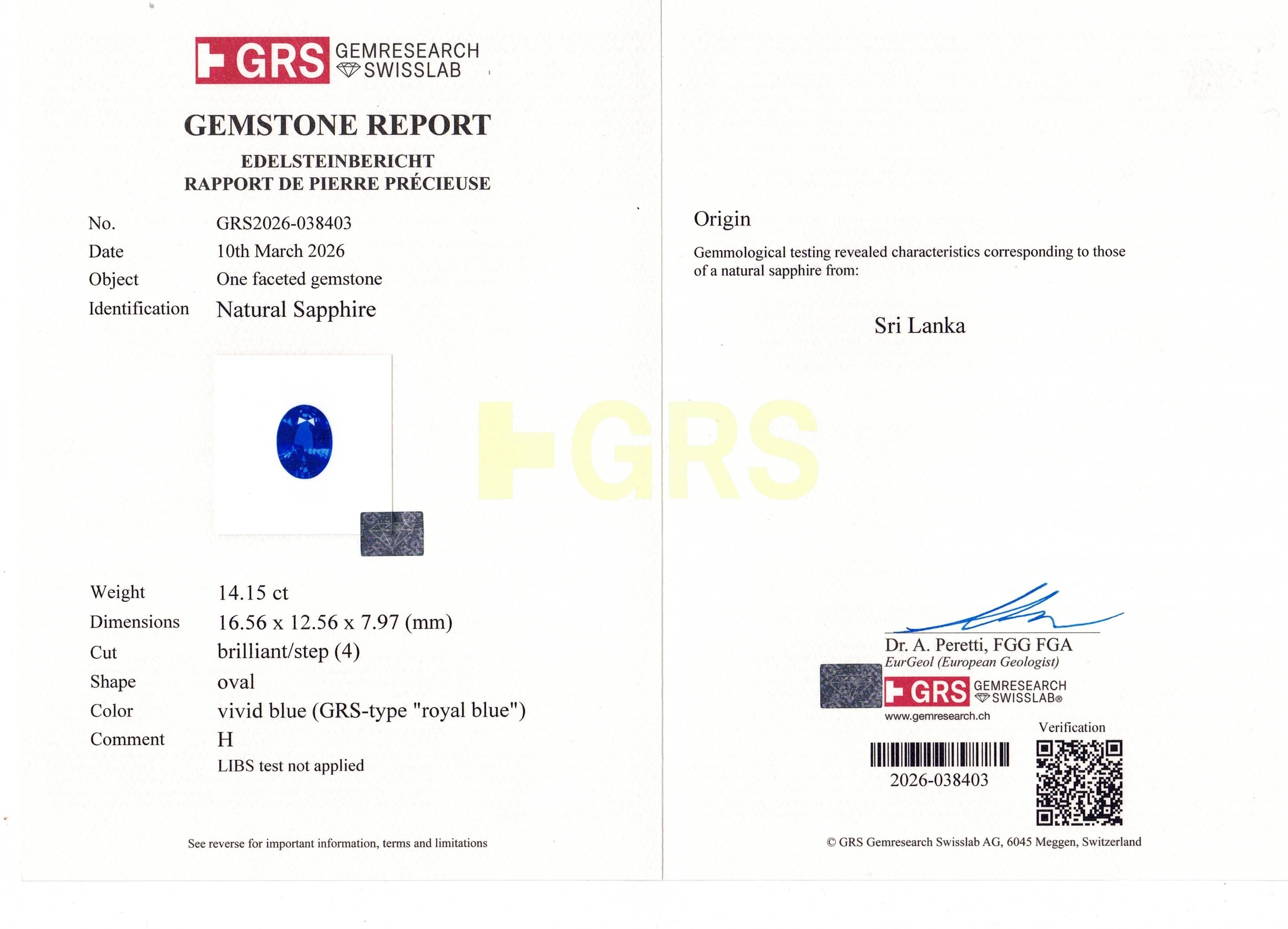14.15 Ct. Blue Sapphire from Ceylon (Sri Lanka)