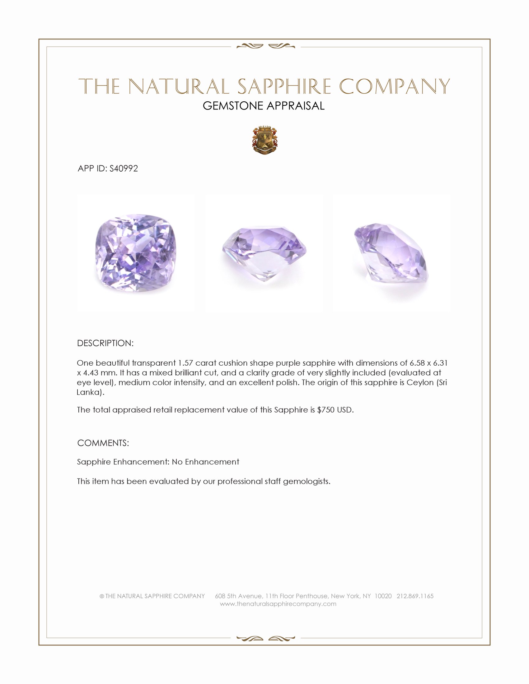 1.57 Ct. Purple Sapphire from Ceylon (Sri Lanka)
