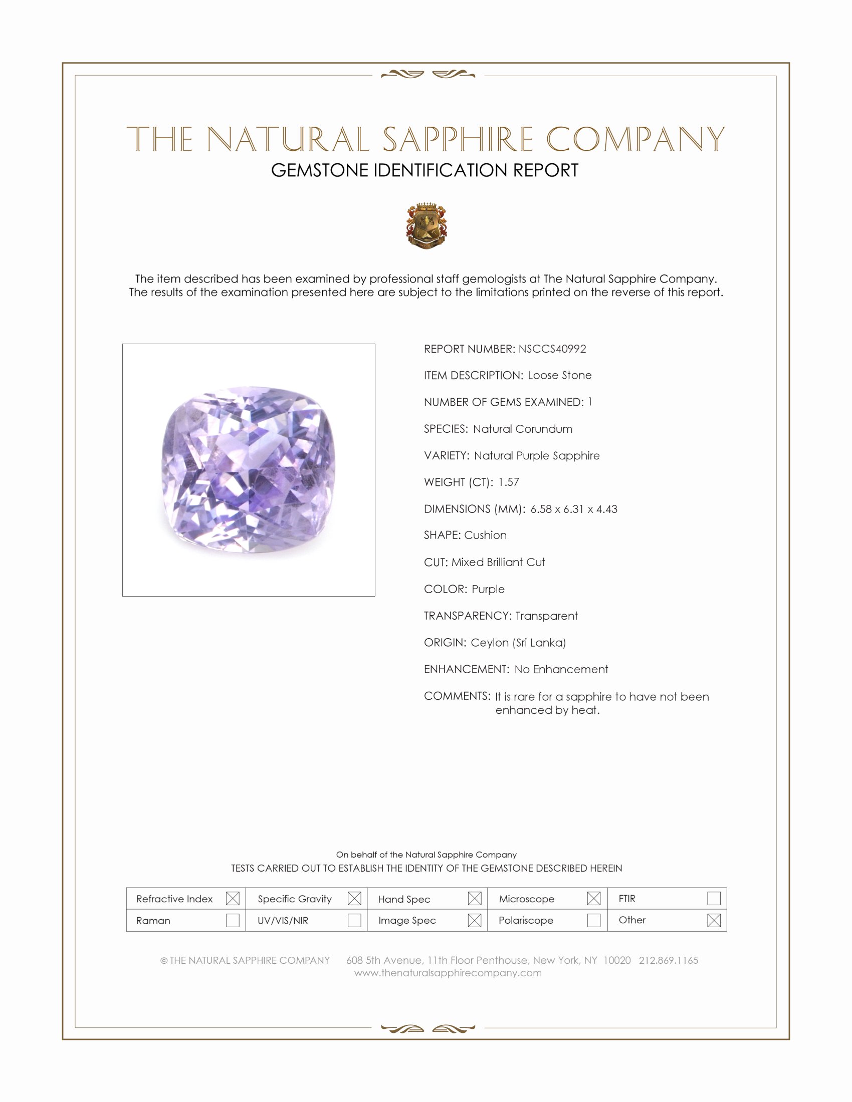 1.57 Ct. Purple Sapphire from Ceylon (Sri Lanka)