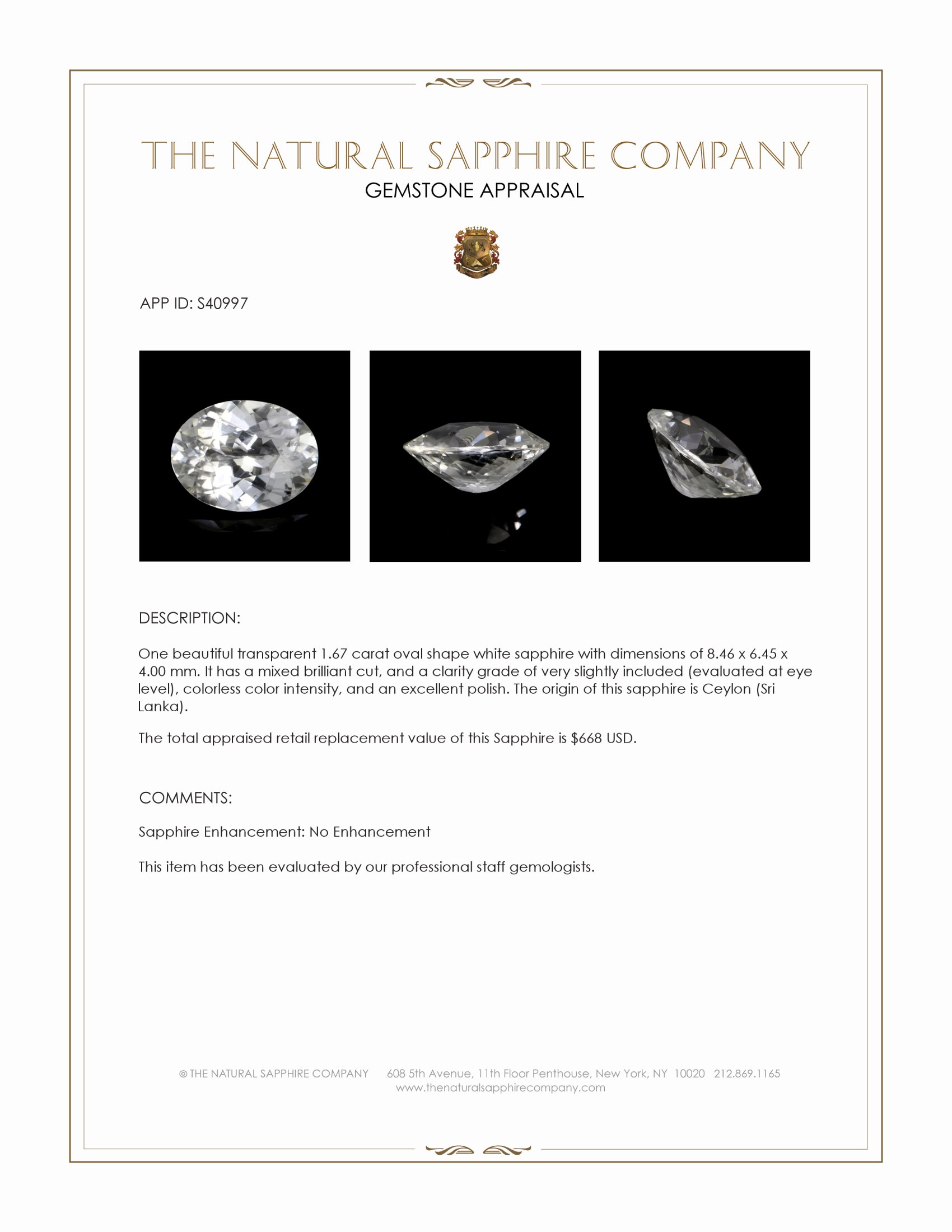 1.67 Ct. White Sapphire from Ceylon (Sri Lanka)