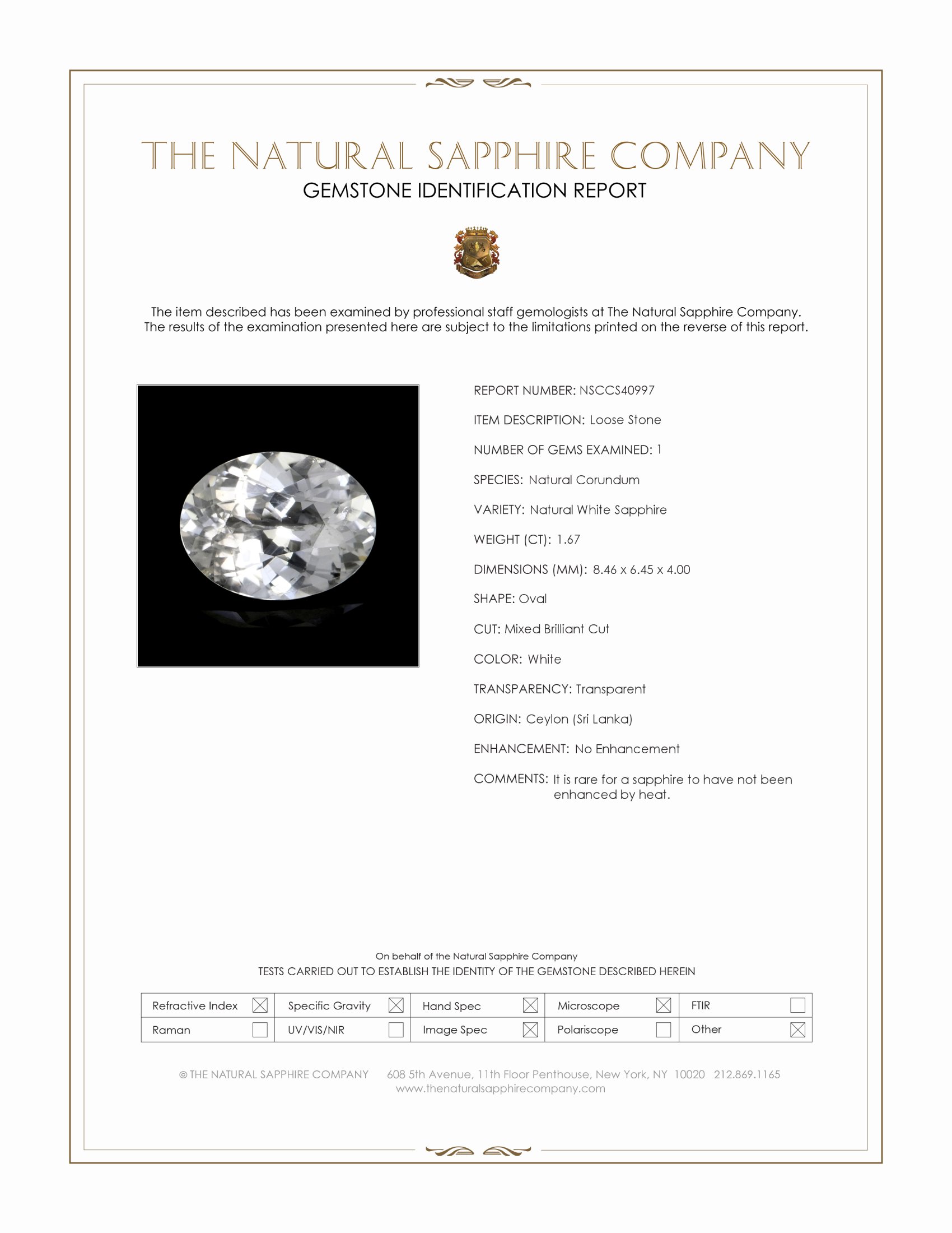 1.67 Ct. White Sapphire from Ceylon (Sri Lanka)