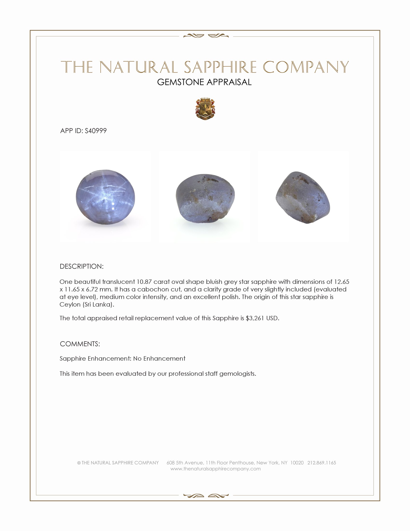 10.87 Ct. Bluish Grey Star Sapphire from Ceylon (Sri Lanka)