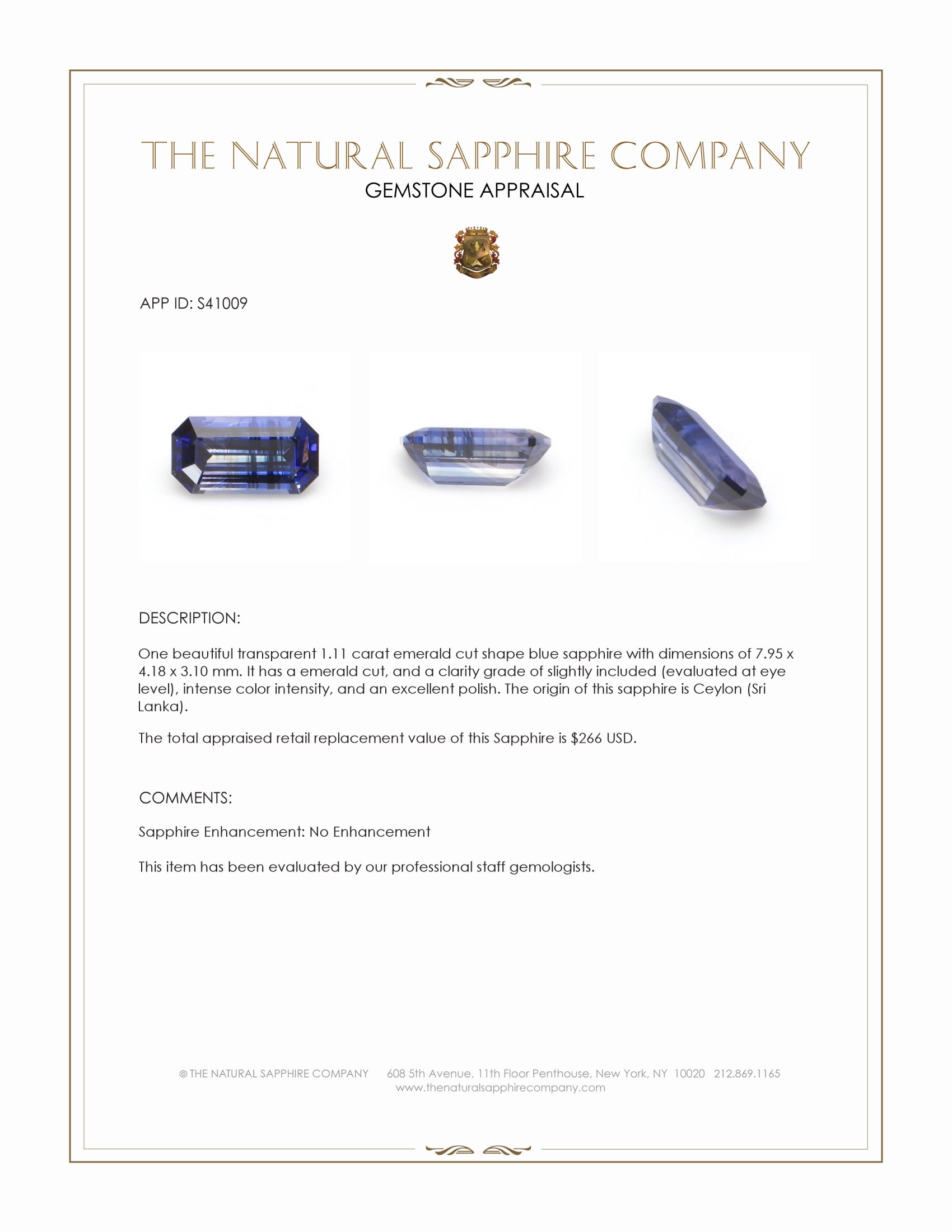 1.11 Ct. Blue Sapphire from Ceylon (Sri Lanka)